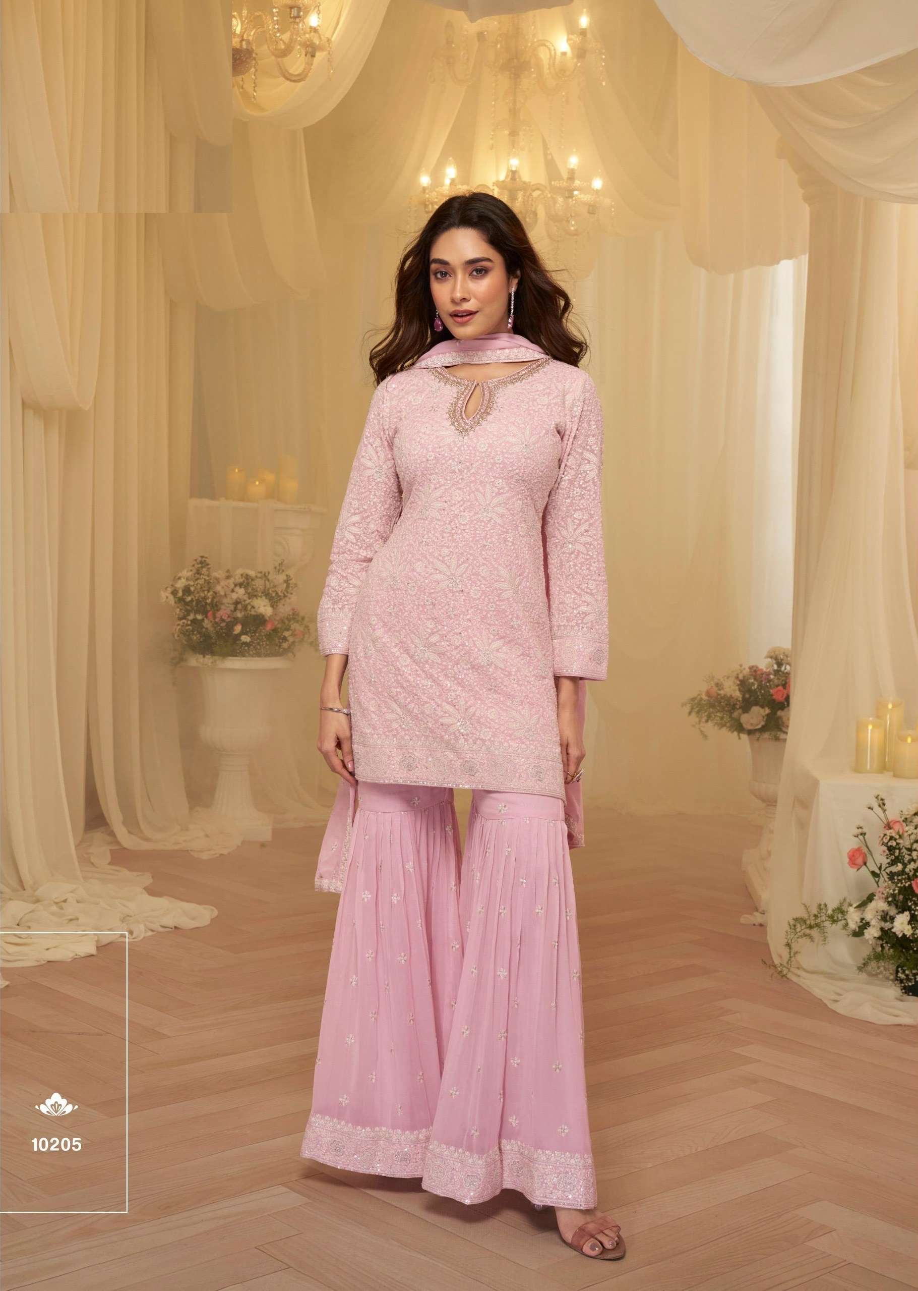 DESIGNER WEDDING PARTY WEAR REAL GEORGETTE PINK CHIKAN WORK SHARARA SALWAR SUIT SY ASMITA 10205