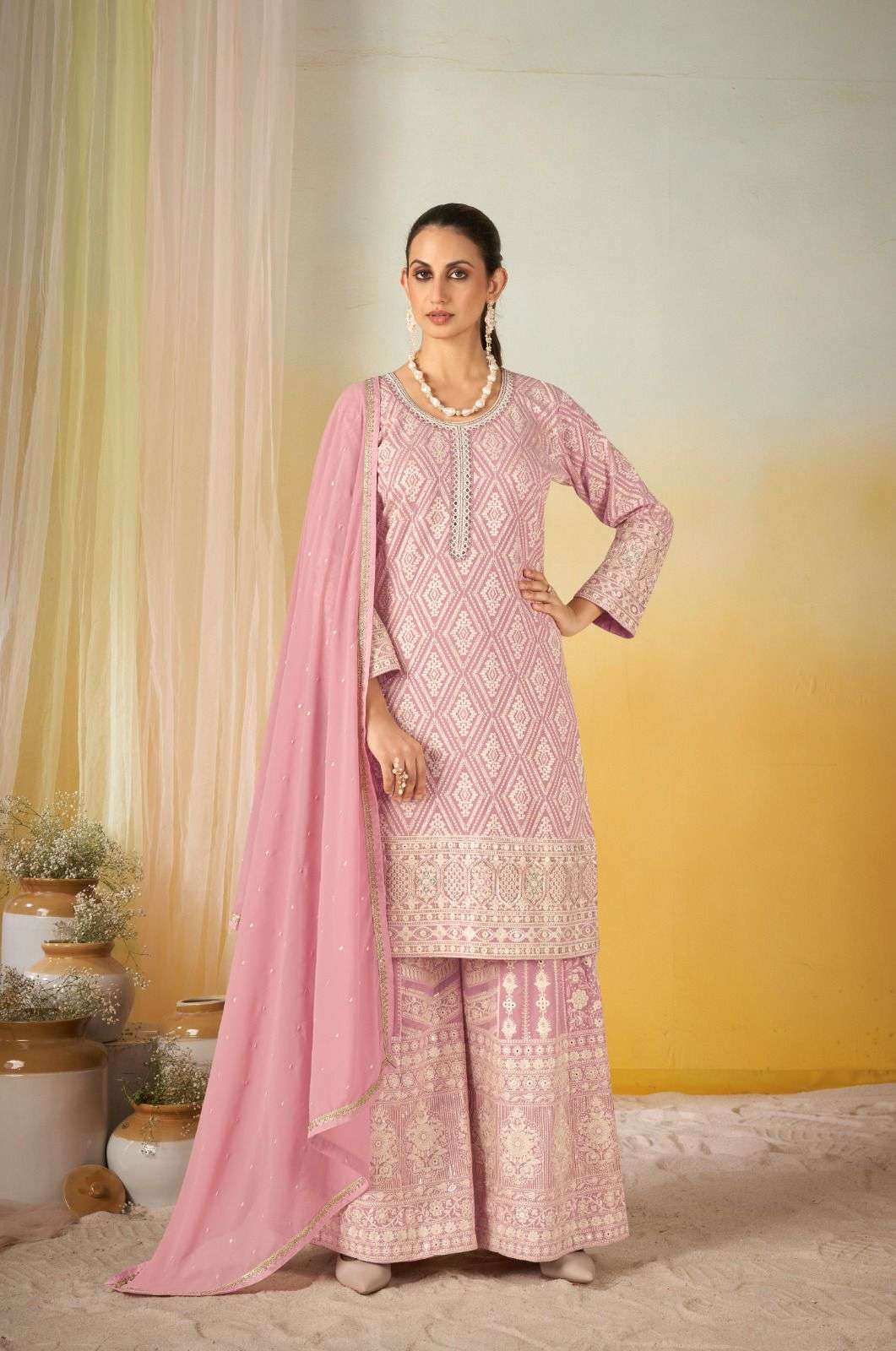 DESIGNER WEDDING PARTY WEAR REAL GEORGETTE PINK SHARARA PALLAZO SALWAR SUIT GL MASTANI 7534