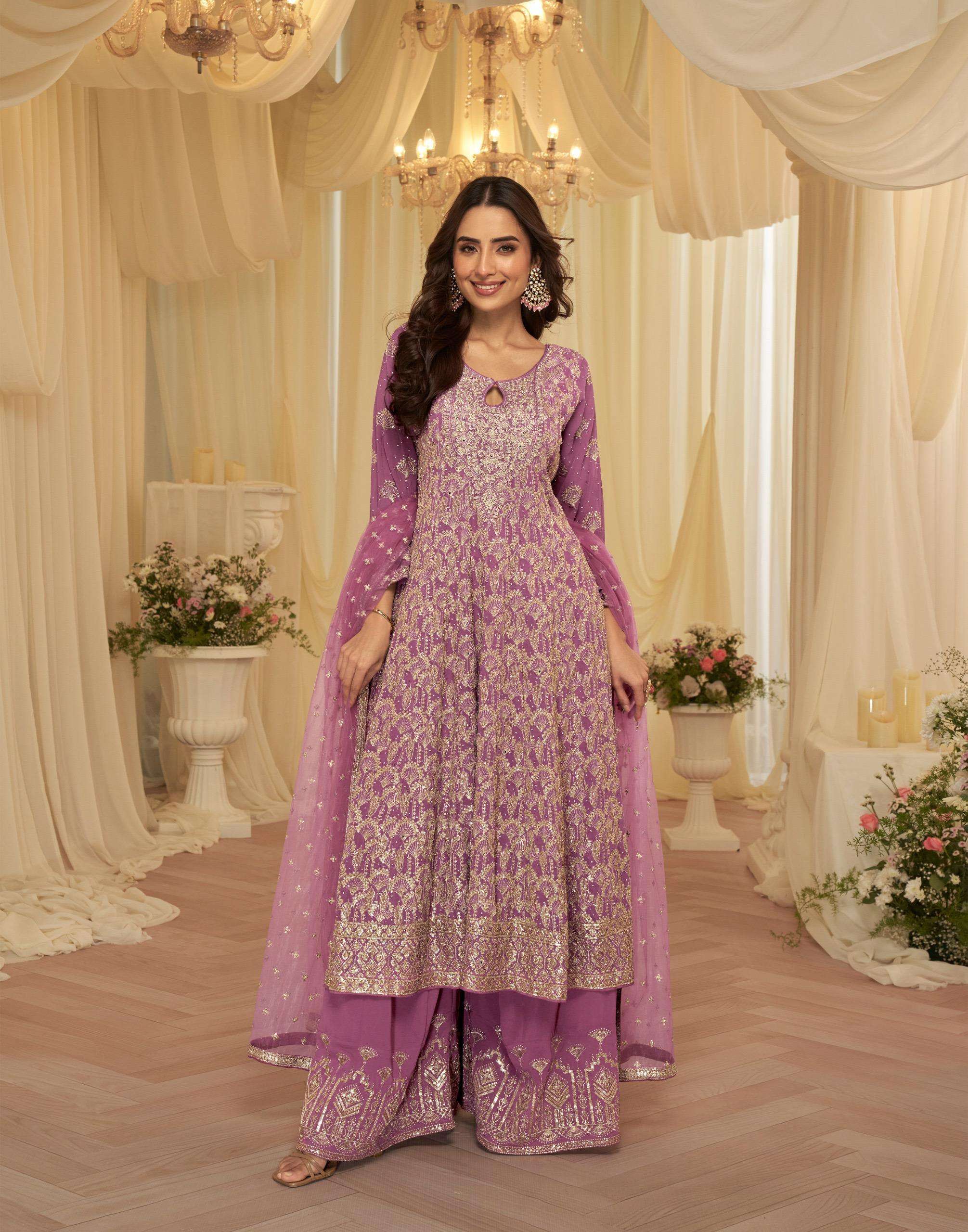 DESIGNER WEDDING PARTY WEAR REAL GEORGETTE PINK SHARARA PALLAZO SALWAR SUIT SY AVANTIKA 10279