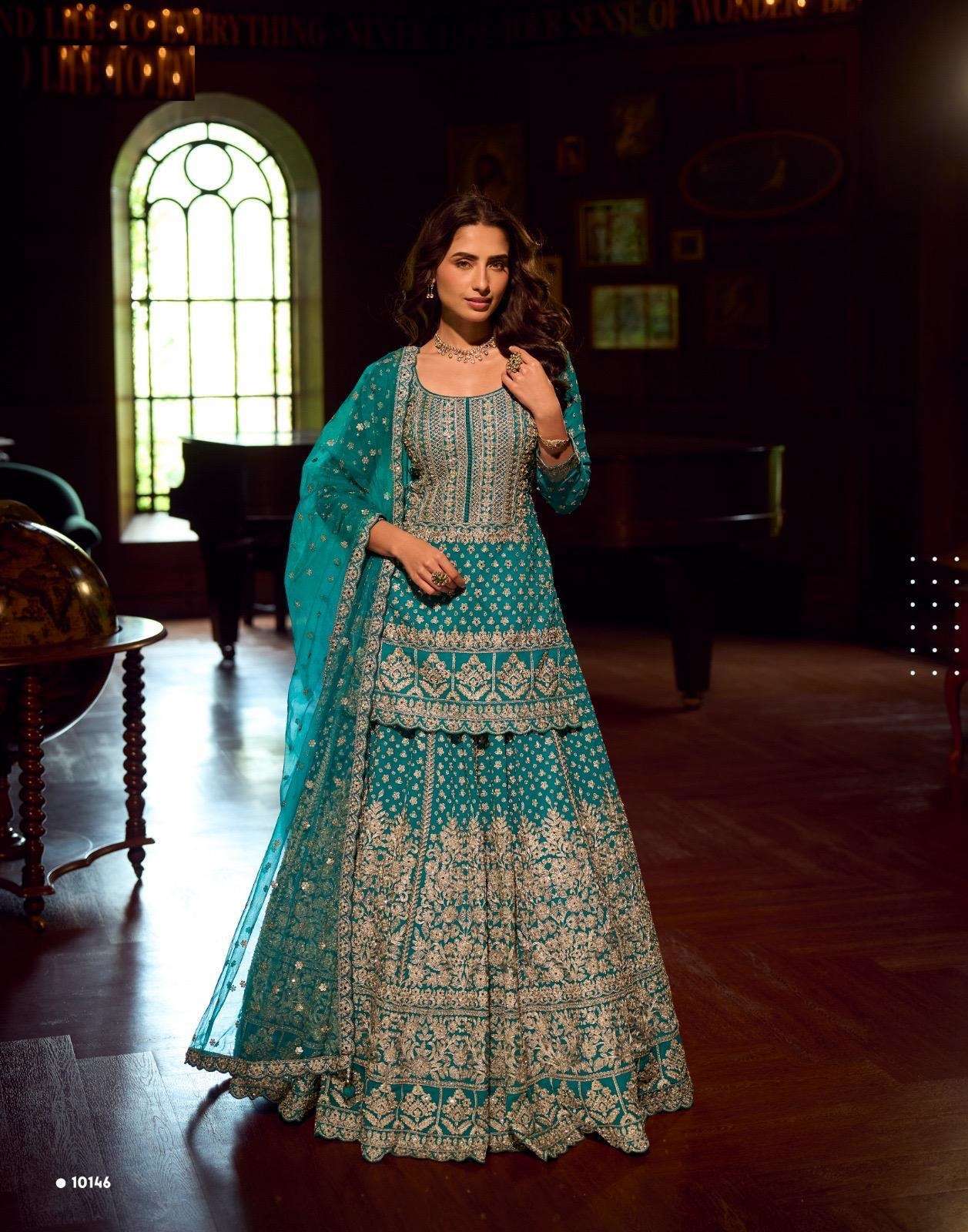 DESIGNER WEDDING PARTY WEAR REAL GEORGETTE READYMADE BLUE TOP SKIRT DUPATTA SALWAR SUIT SY SUREENA 10146