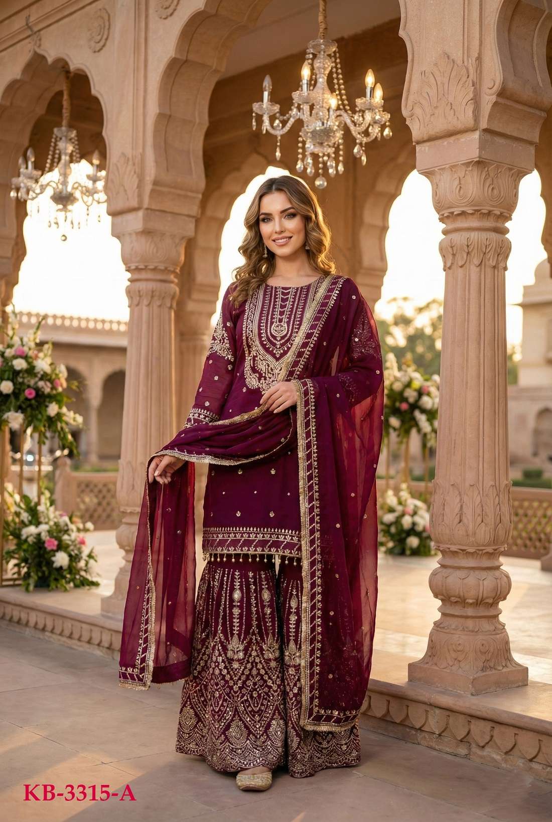 DESIGNER WEDDING PARTY WEAR REAL GEORGETTE SEQUENCE WORK MAROON SHARARA SALWAR SUIT KB 3315 A