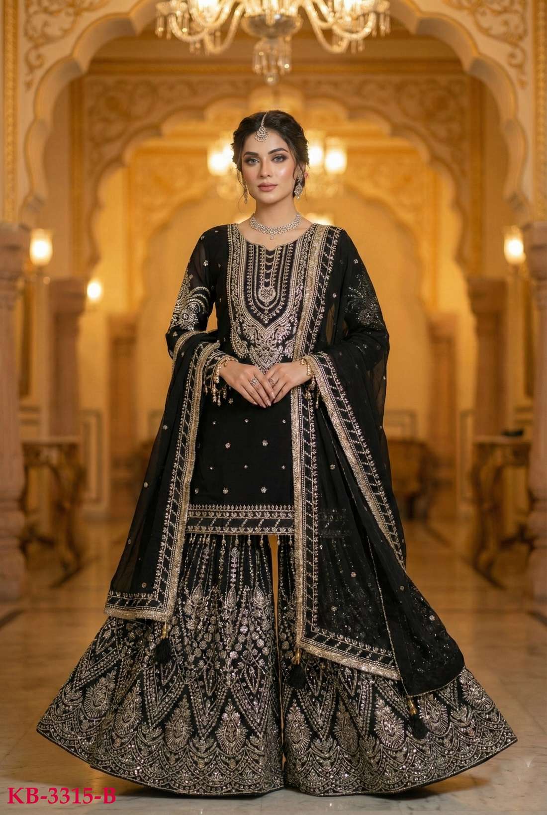 DESIGNER WEDDING PARTY WEAR REAL GEORGETTE SEQUENCE WORK BLACK SHARARA SALWAR SUIT KB 3315 B