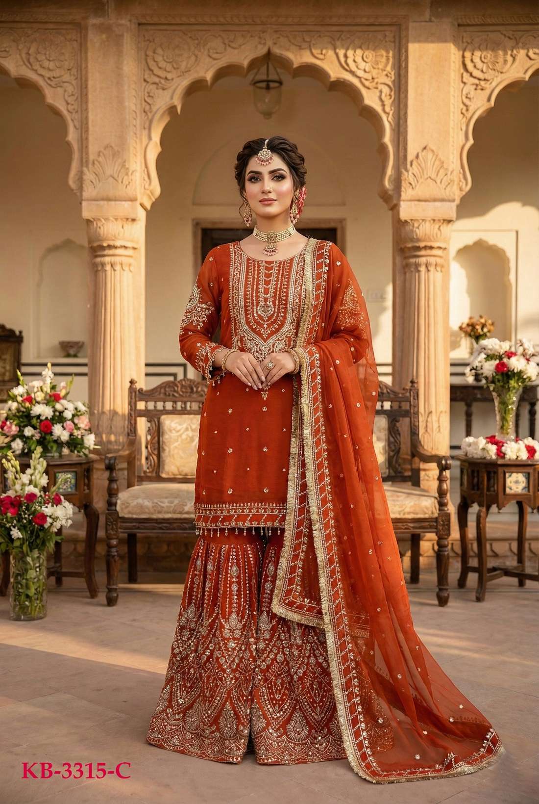 DESIGNER WEDDING PARTY WEAR REAL GEORGETTE SEQUENCE WORK ORANGE SHARARA SALWAR SUIT KB 3315 C