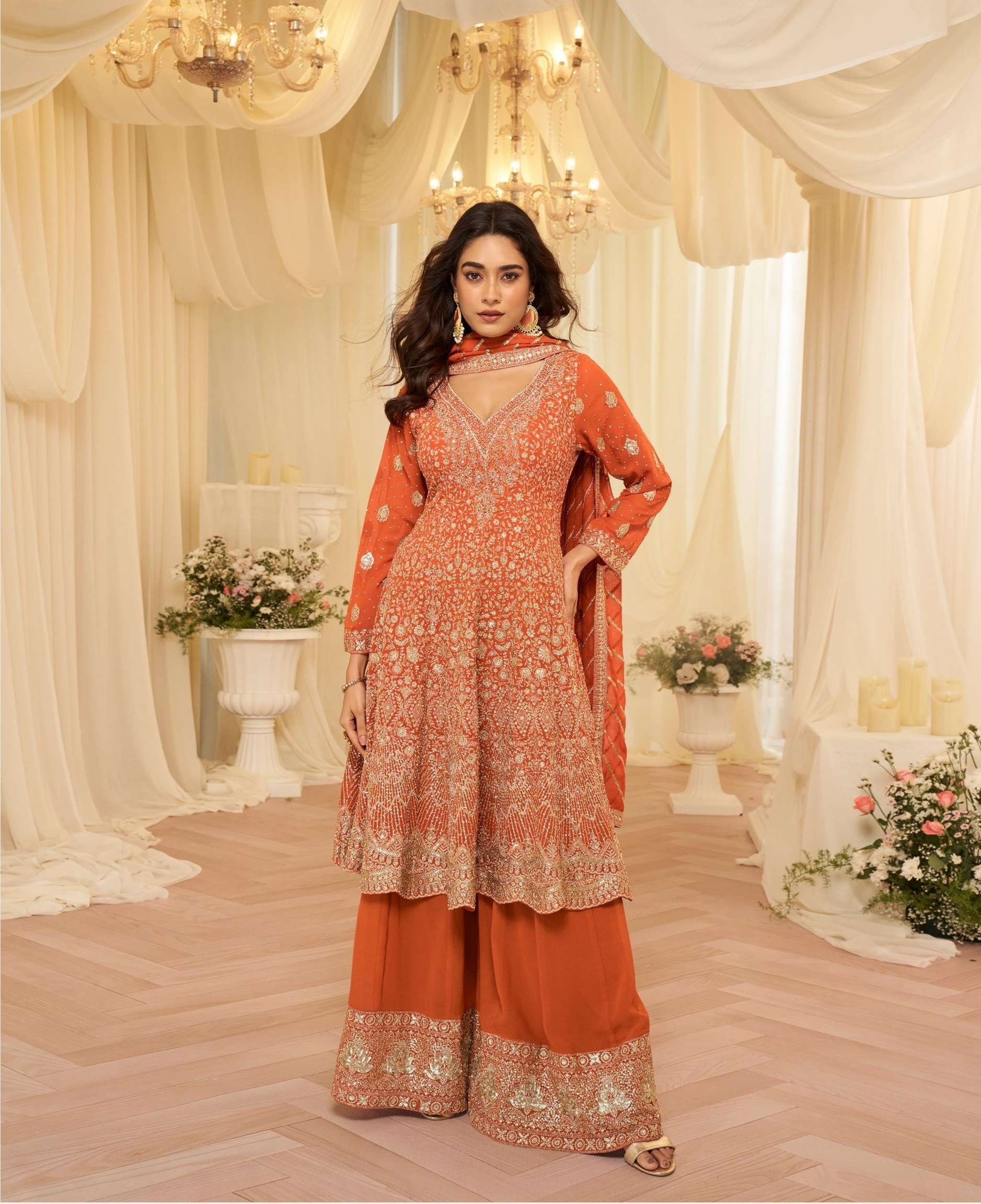 DESIGNER WEDDING PARTY WEAR REAL GEORGETTE SHARARA PALLAZO SALWAR SUIT SY AVANTIKA 10281
