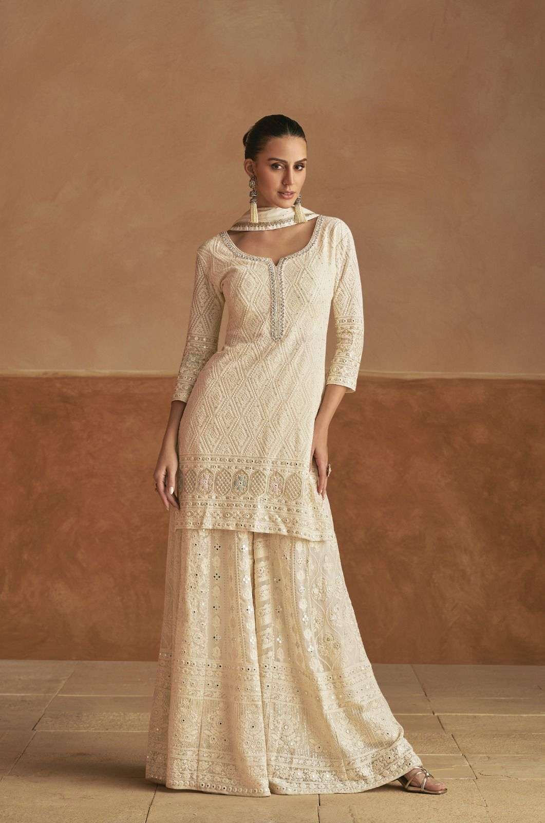 DESIGNER WEDDING PARTY WEAR REAL GEORGETTE WHITE SHARARA PALLAZO SALWAR SUIT GL MASTANI 7535