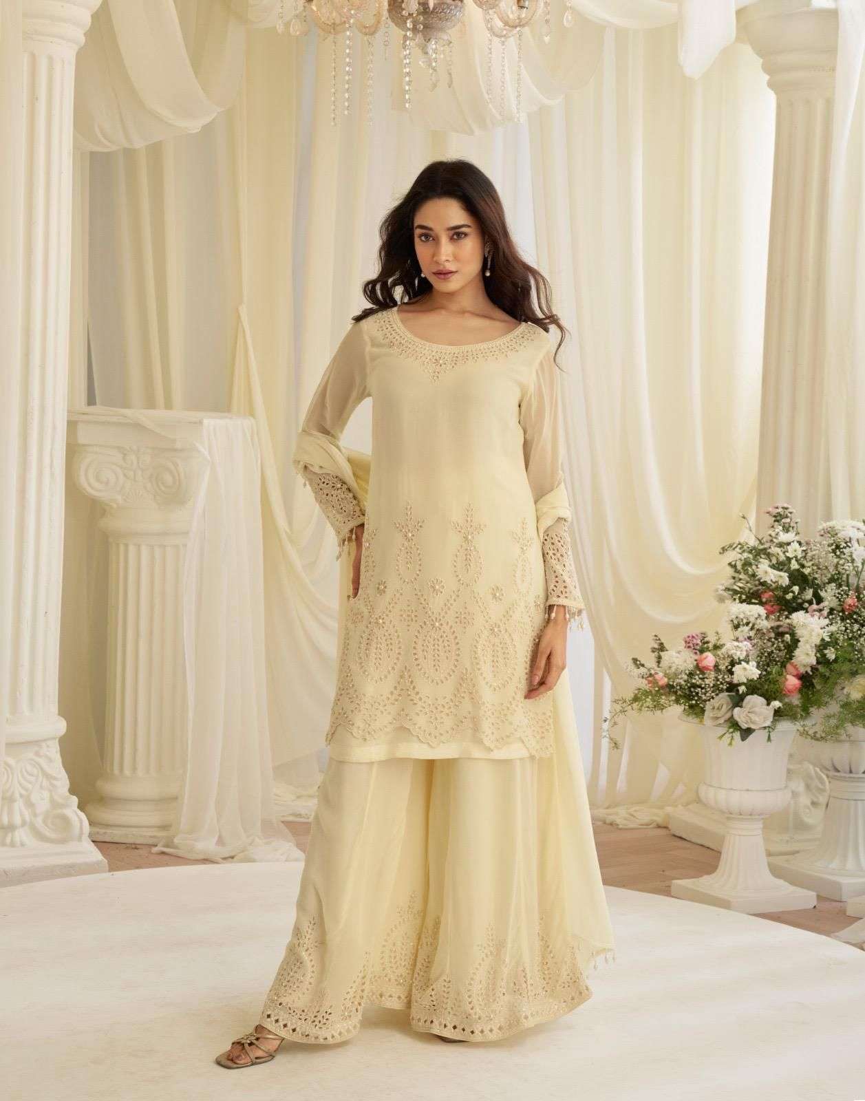 DESIGNER WEDDING PARTY WEAR REAL GEORGETTE WHITE STRAIGHT SALWAR SUIT WITH BEADS WORK SY JINAYA 10166