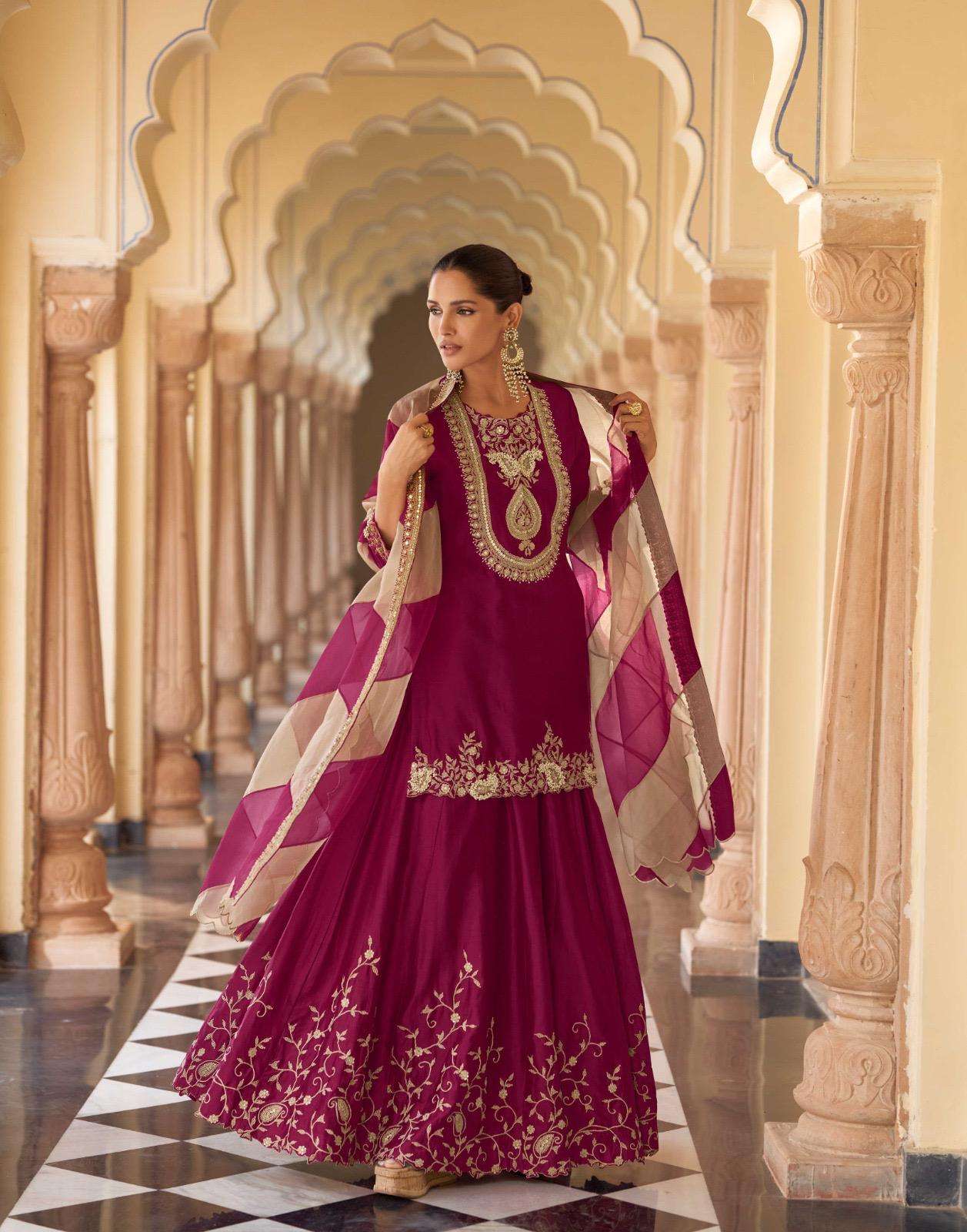 DESIGNER WEDDING PARTY WEAR REAL SILK PURPLE SHARARA PALLAZO SALWAR SUIT SY SAVERA 5753