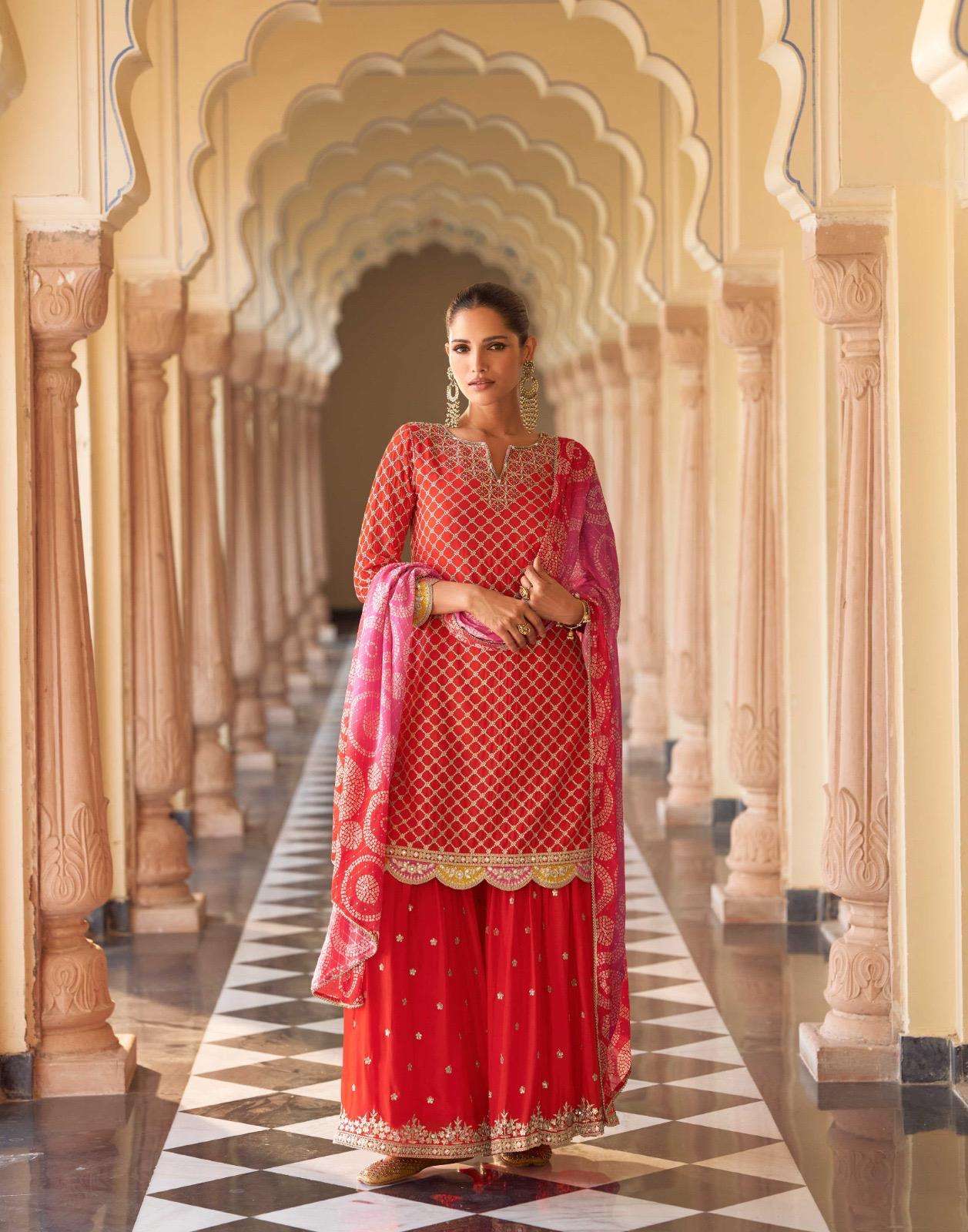 DESIGNER WEDDING PARTY WEAR REAL SILK RED SHARARA PALLAZO SALWAR SUIT SY SAVERA 5756
