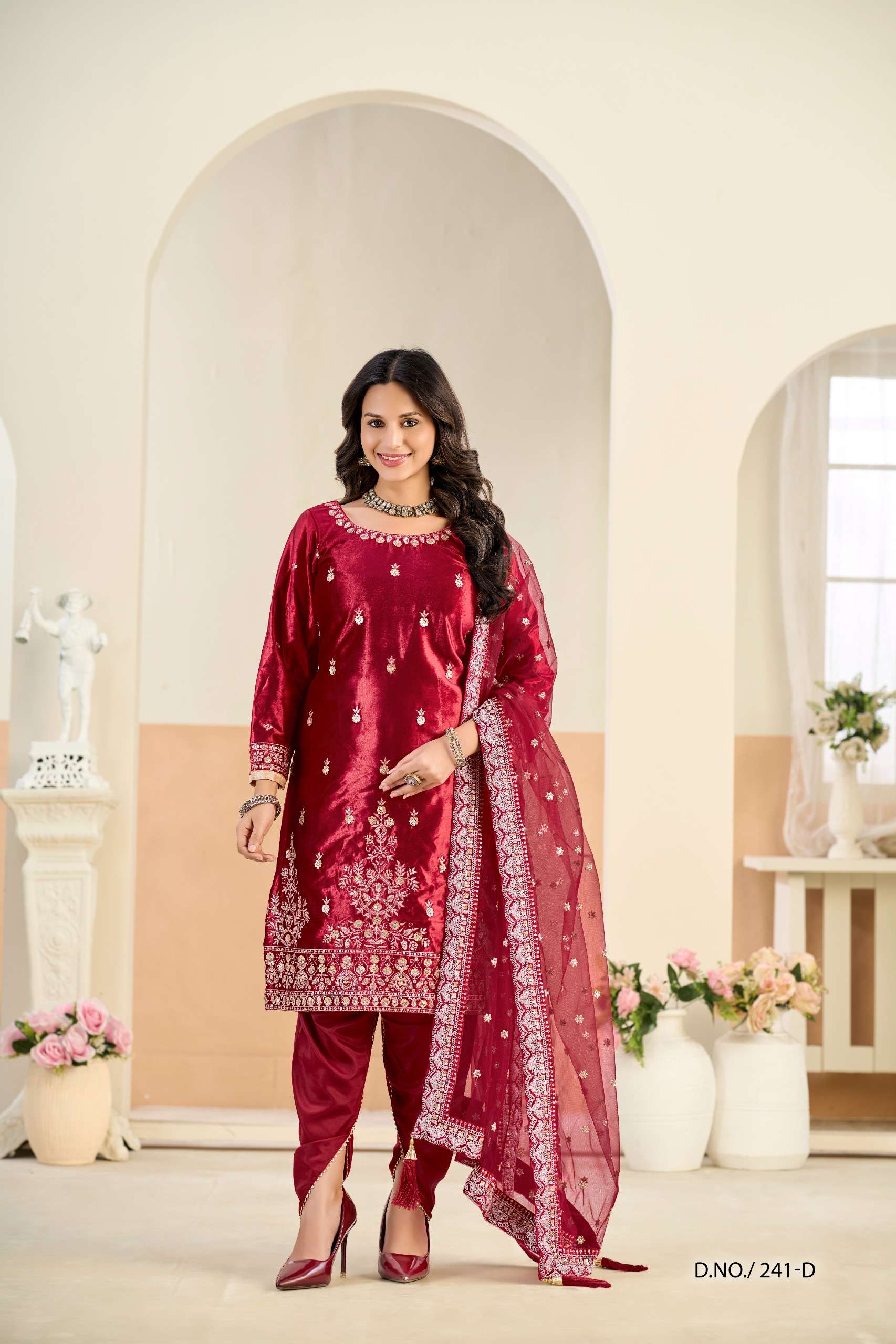 DESIGNER WEDDING PARTY WEAR RED VELVET PATIYALA SALWAR SUIT ANY 241 D