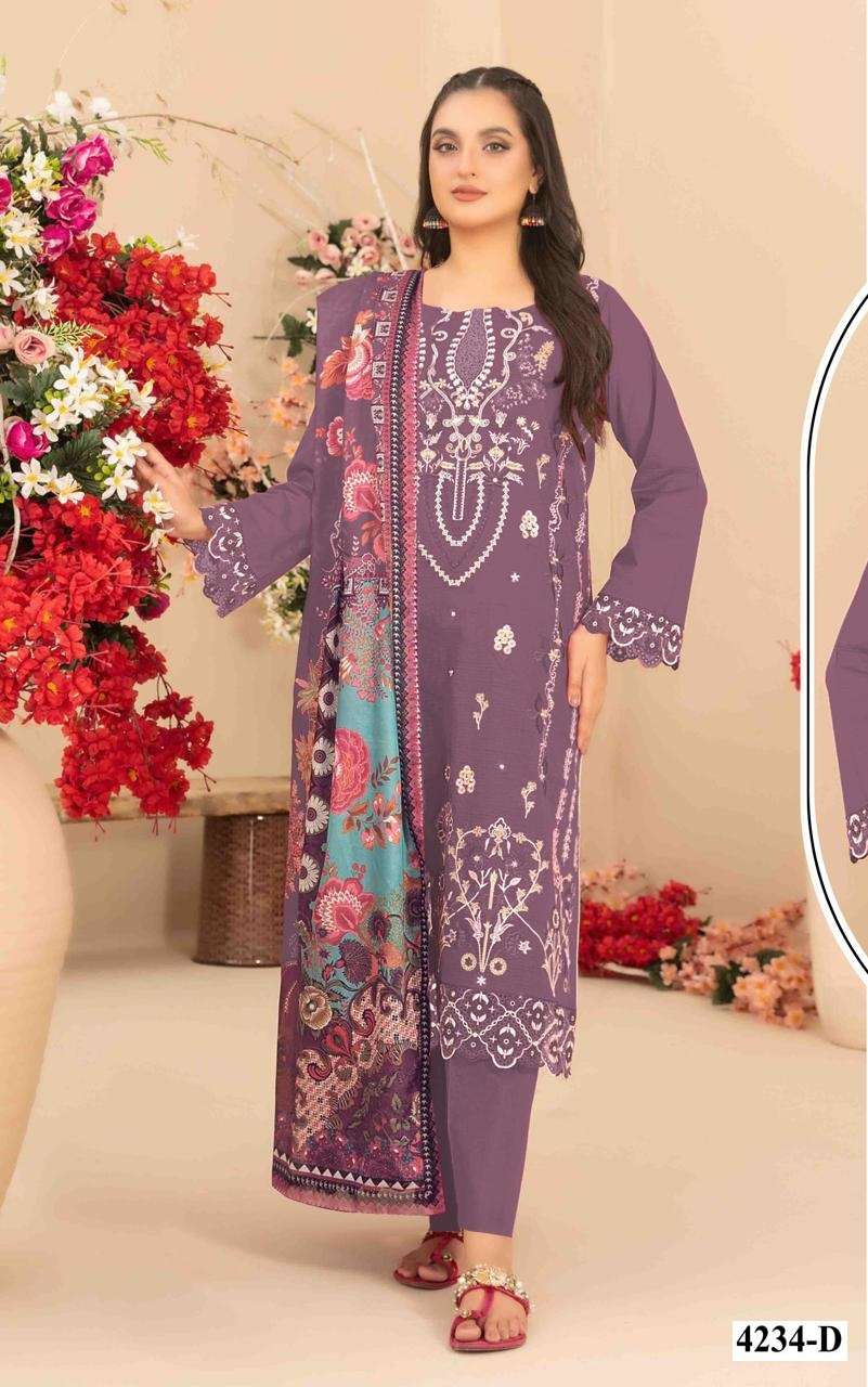 DESIGNER WEDDING PARTY WEAR STRAIGHT PURPLE PAKISTANI CAMBRIC COTTON SALWAR SUIT JG 4234 D