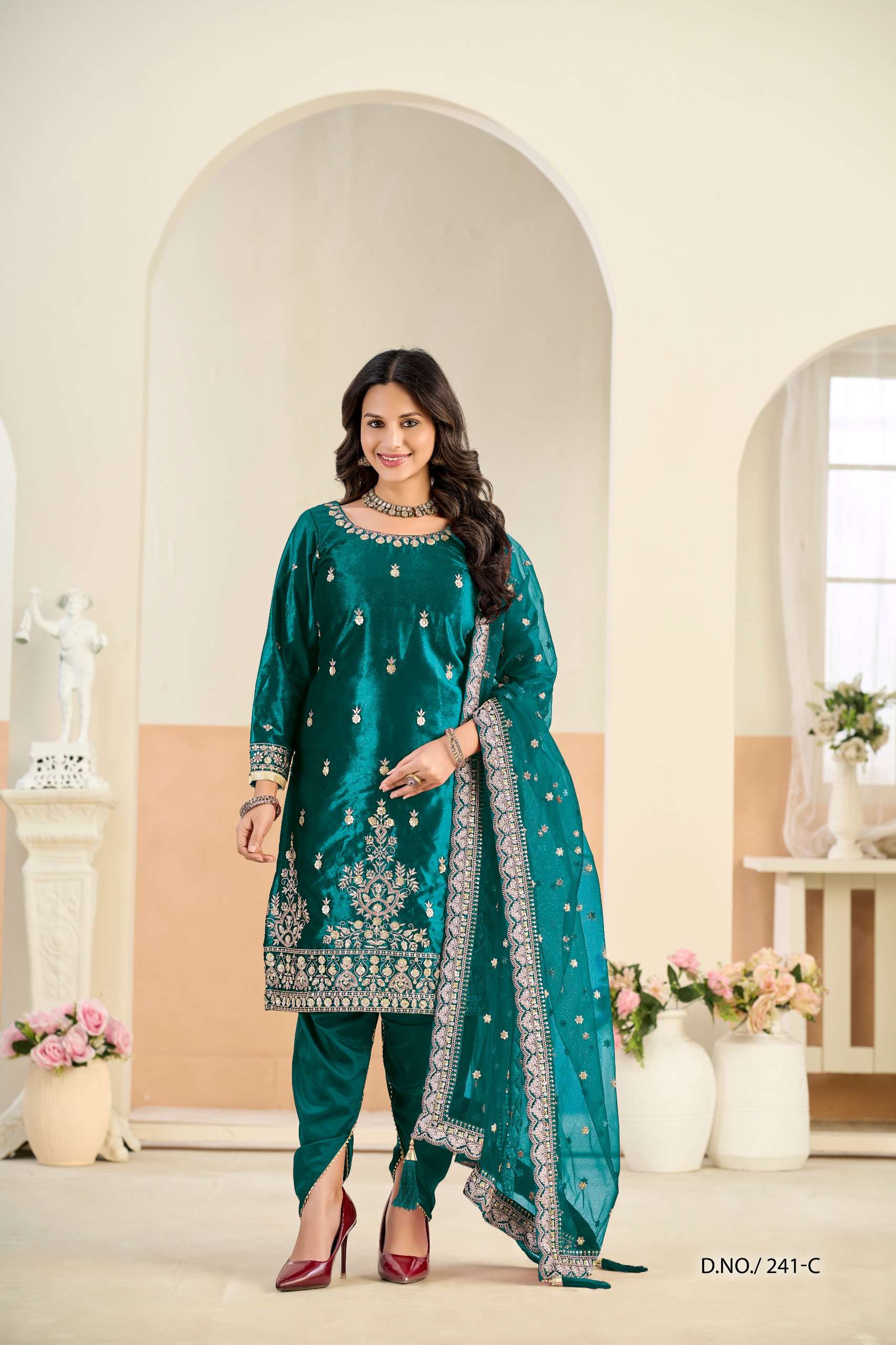 DESIGNER WEDDING PARTY WEAR TEAL BLUE VELVET PATIYALA SALWAR SUIT ANY 241 C