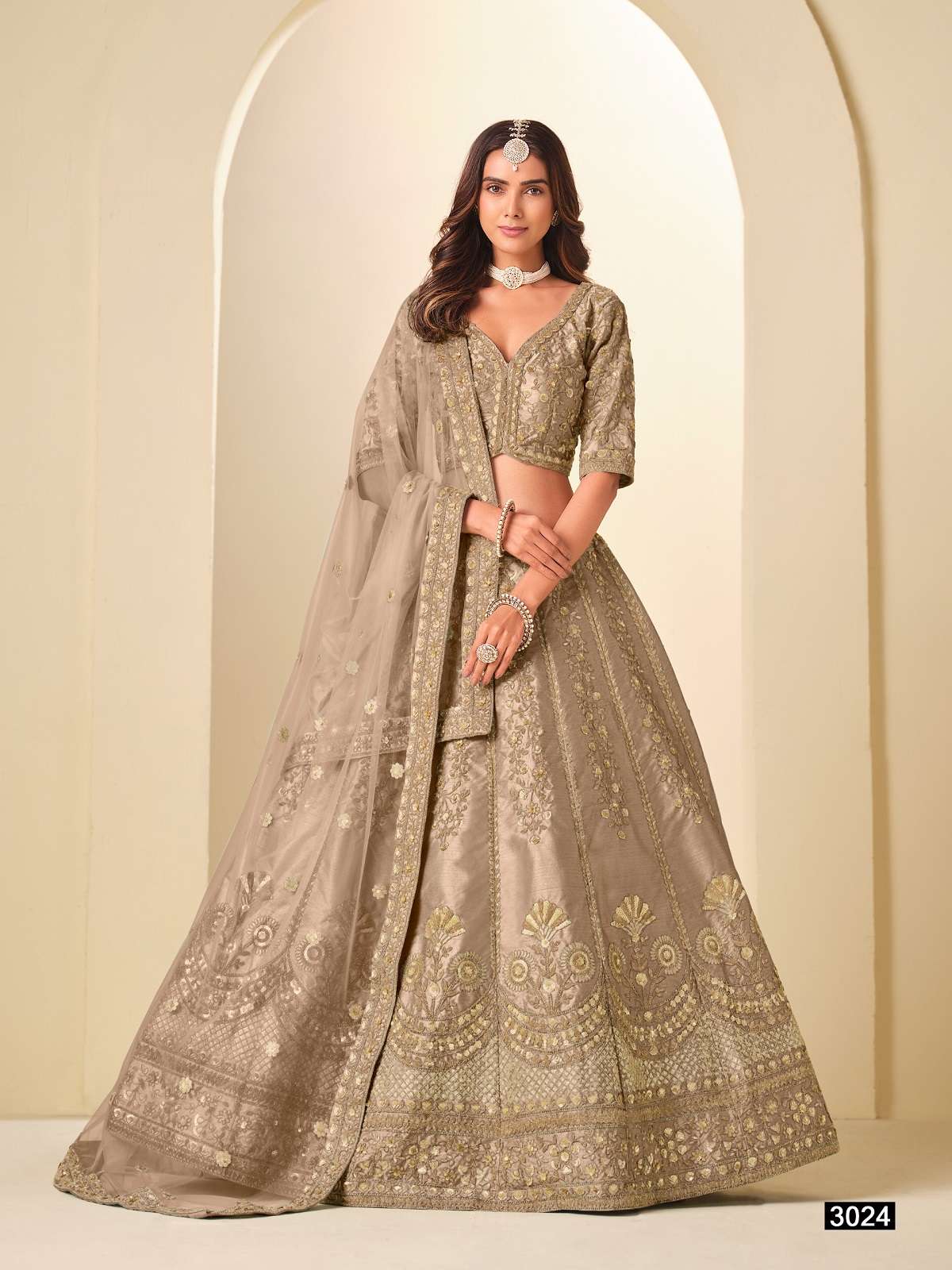 INDIAN DESIGNER BOLLYWOOD WEDDING PARTY WEAR HEAVY ART SILK CHIKU LEHENGA CHOLI MEHVISH 3023