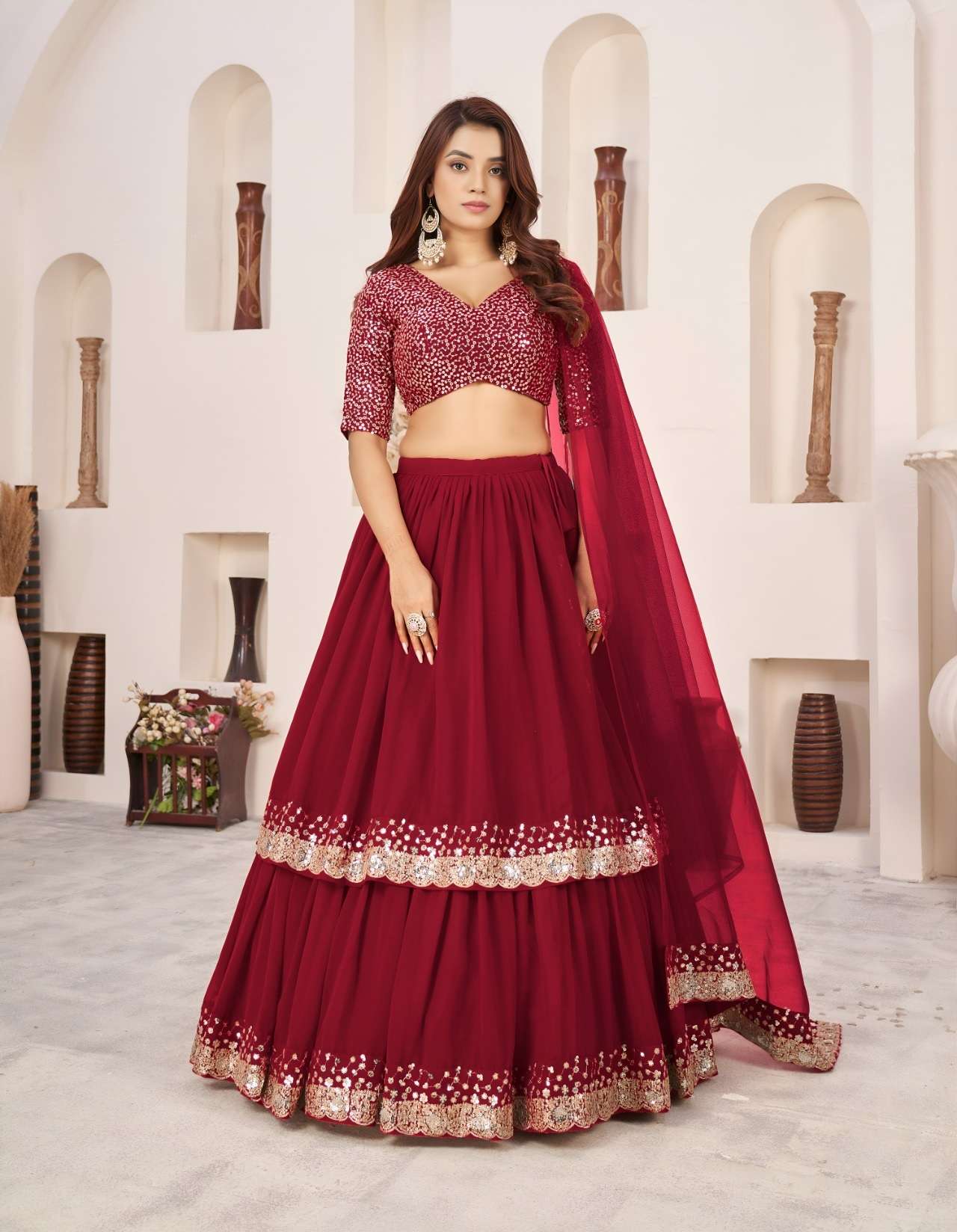 INDIAN DESIGNER BOLLYWOOD WEDDING PARTY WEAR RED GEORGETTE LEHENGA CHOLI ZC 5066 H