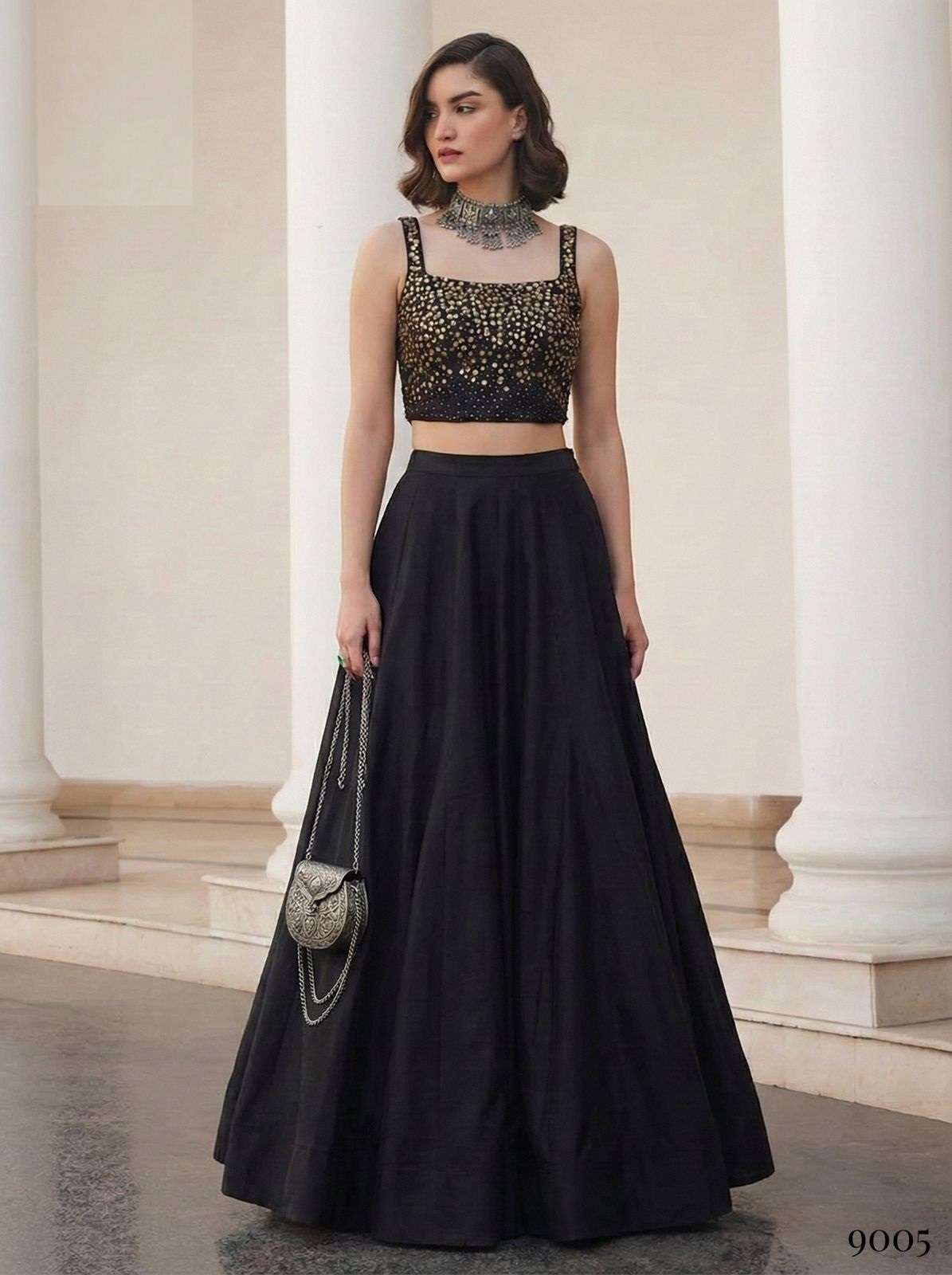 INDIAN DESIGNER BOLLYWOOD WEDDING PARTY WEAR SOFT SILK JAQUARD BLACK LEHENGA CHOLI ALZ 9005