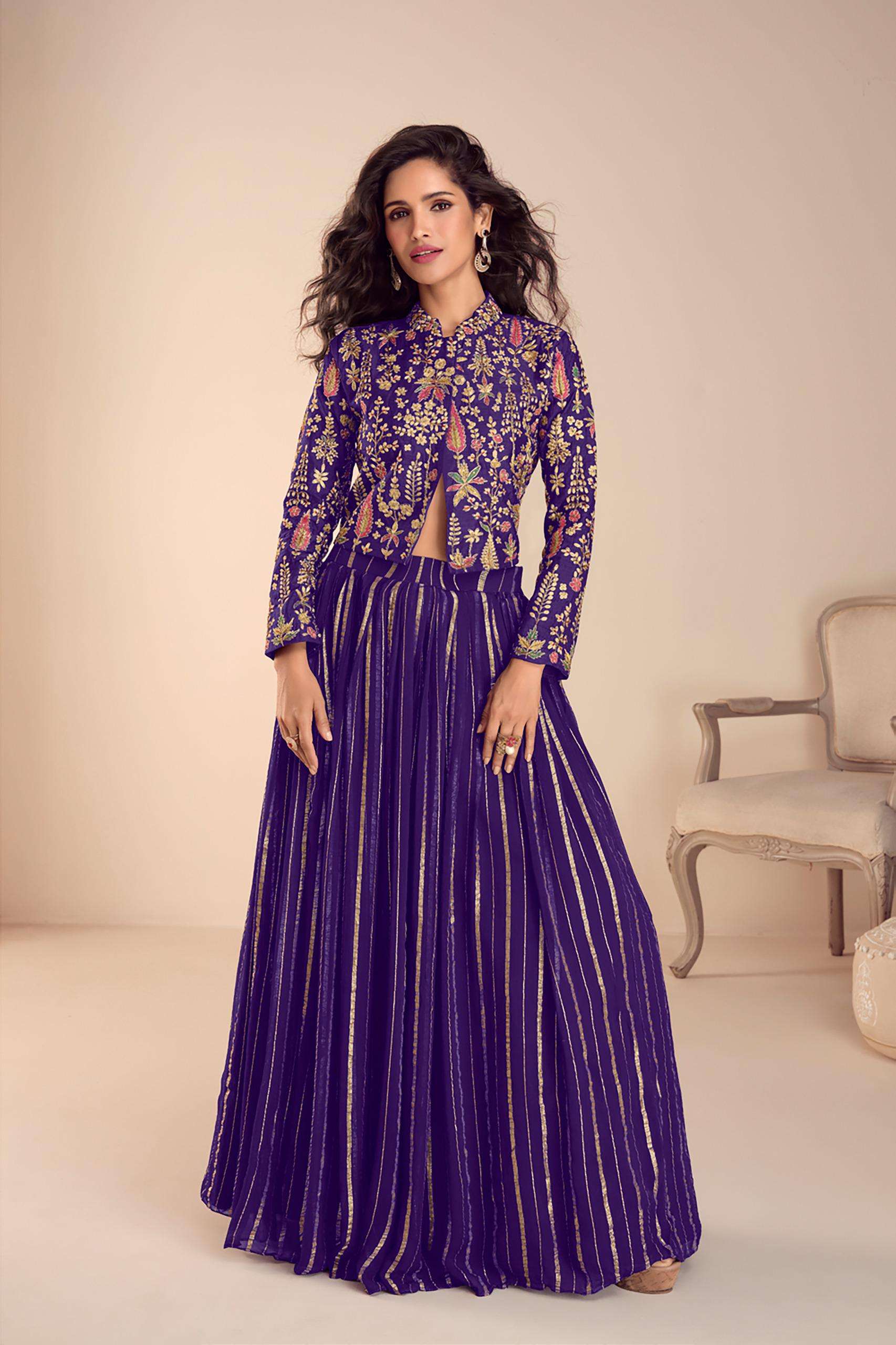 INDIAN DESIGNER FANCY WEDDING PARTY WEAR VICHITRA SILK READYMADE PURPLE KOTI SKIRT SALWAR SUIT GL SARGAM 7527 C