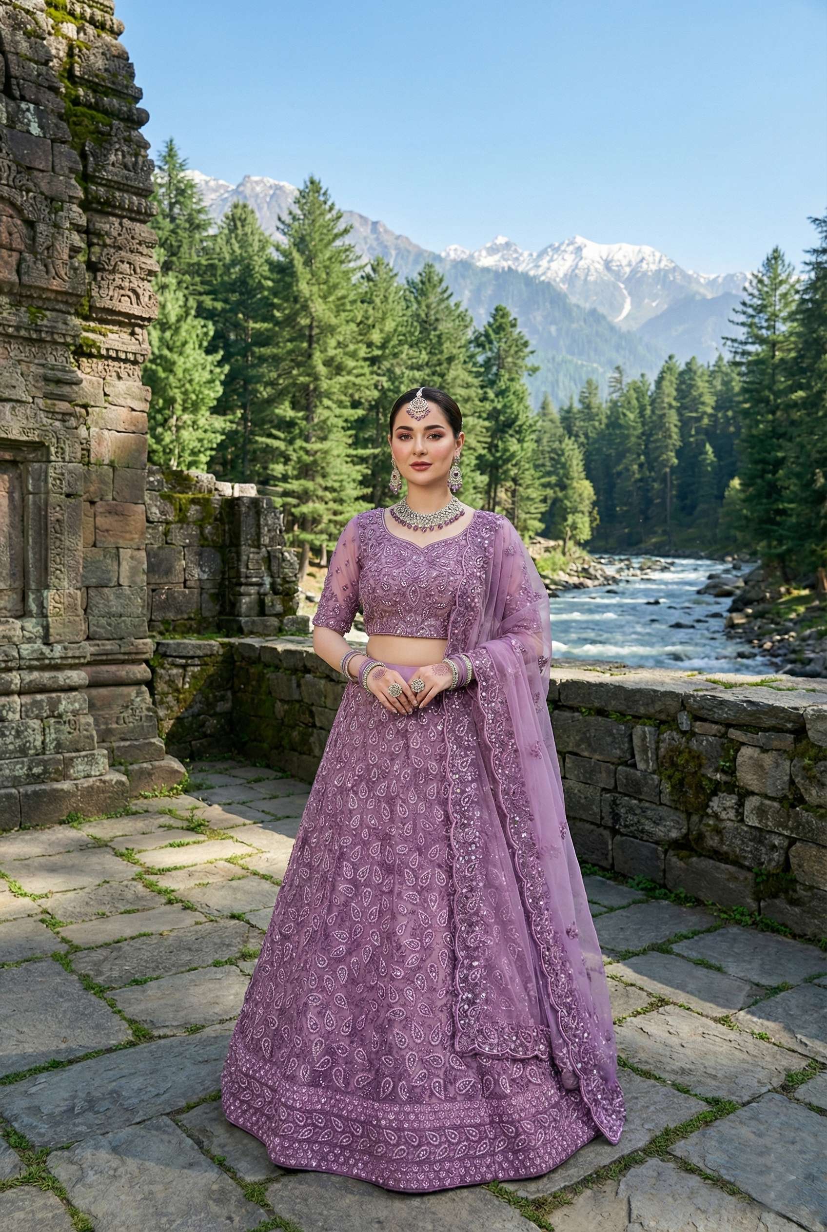 DESIGNER BOLLYWOOD BRIDAL WEDDING PARTY WEAR LAVENDER NET LEHENGA CHOLI SENHORA DRESSES 7109