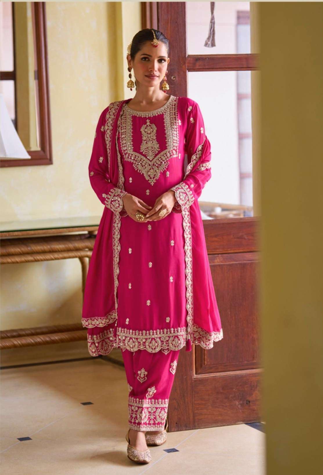 DESIGNER FANCY PARTY WEAR REAL CHINON READYMADE RANI PINK SALWAR SUIT GL HARLEY 7652 A