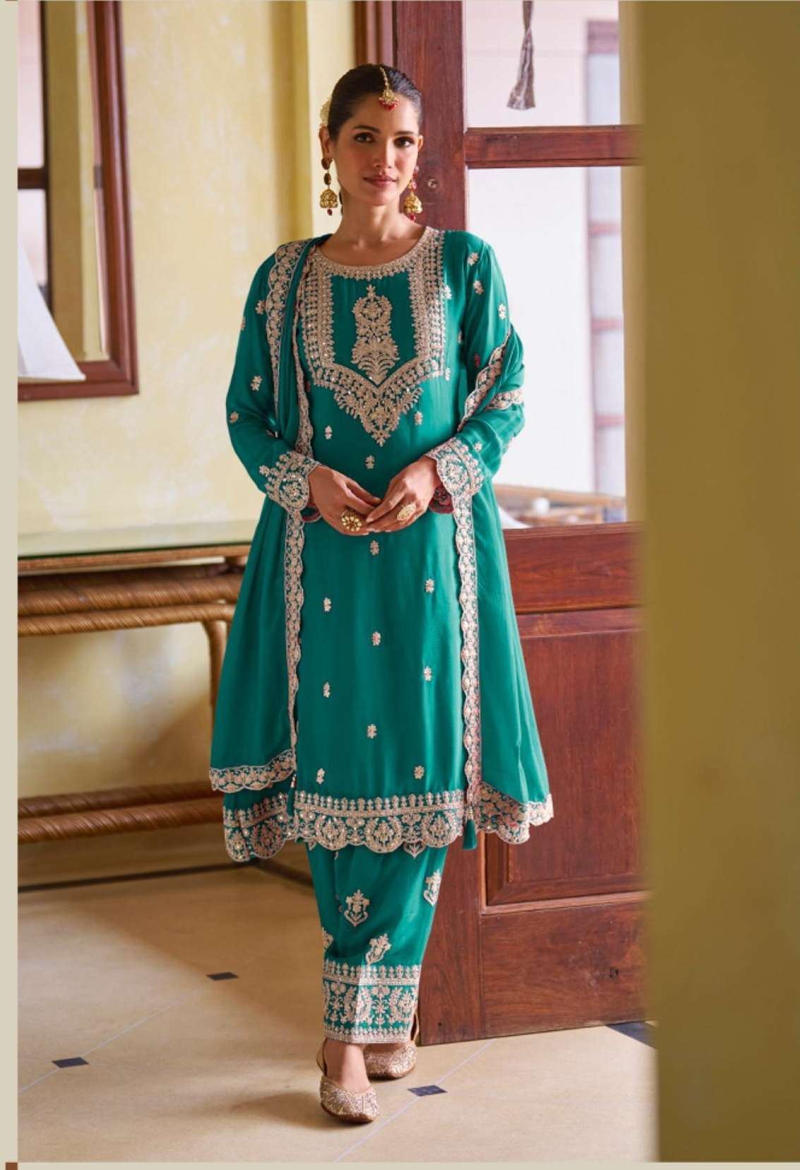 DESIGNER FANCY PARTY WEAR REAL CHINON READYMADE TEAL BLUE SALWAR SUIT GL HARLEY 7652 B