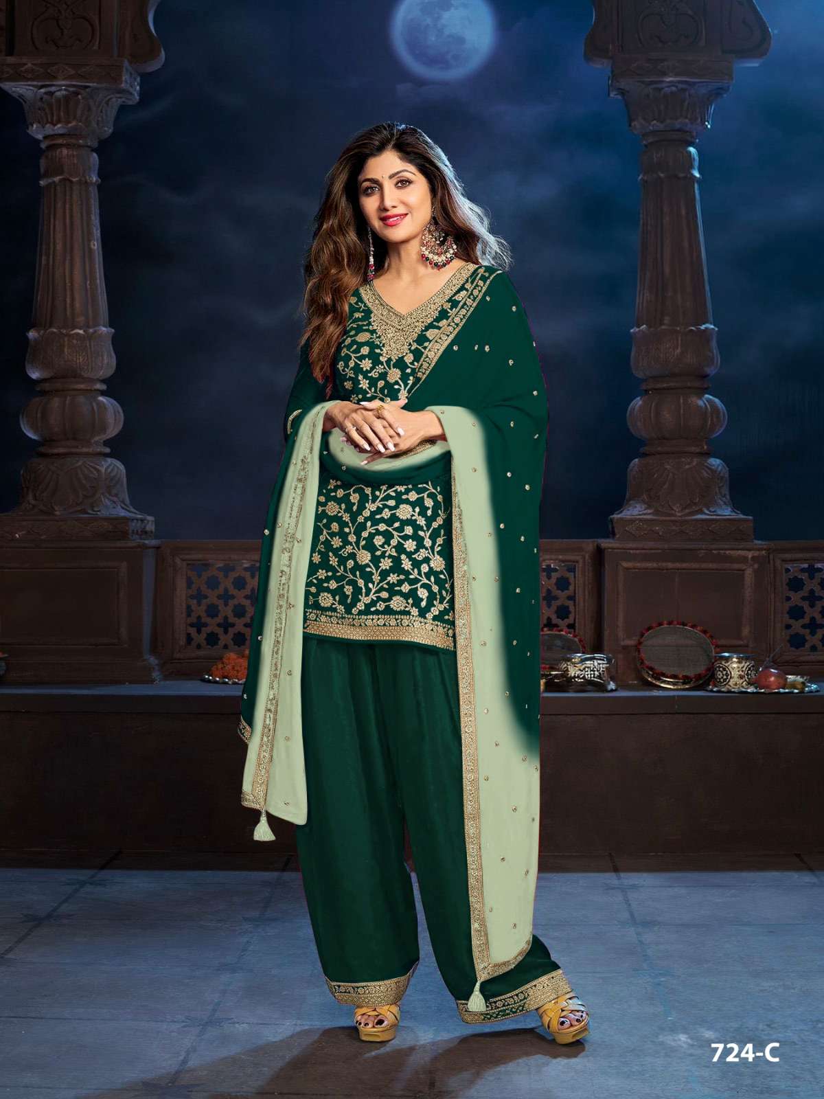 DESIGNER FANCY PARTY WEAR VISCOSE DOLA SILK GREEN PATIYALA SALWAR SUIT CP 724 C