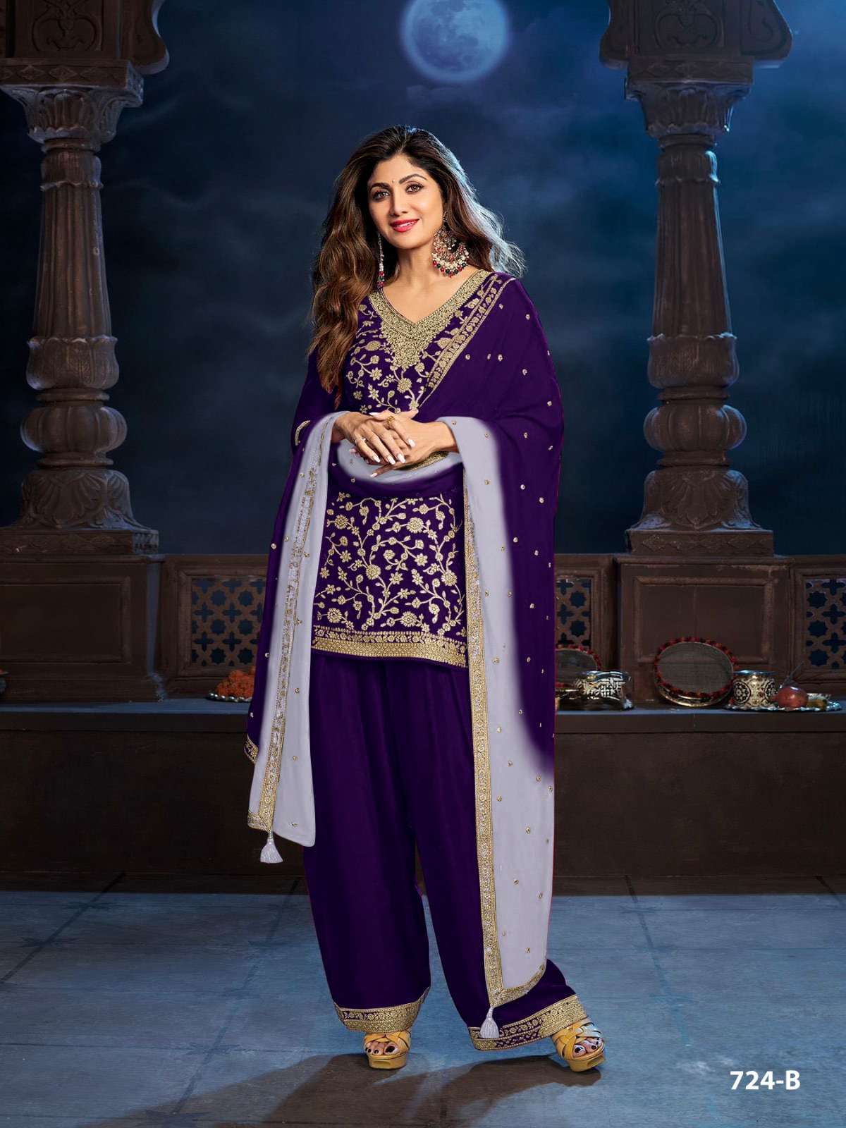 DESIGNER FANCY PARTY WEAR VISCOSE DOLA SILK PURPLE PATIYALA SALWAR SUIT CP 724 B