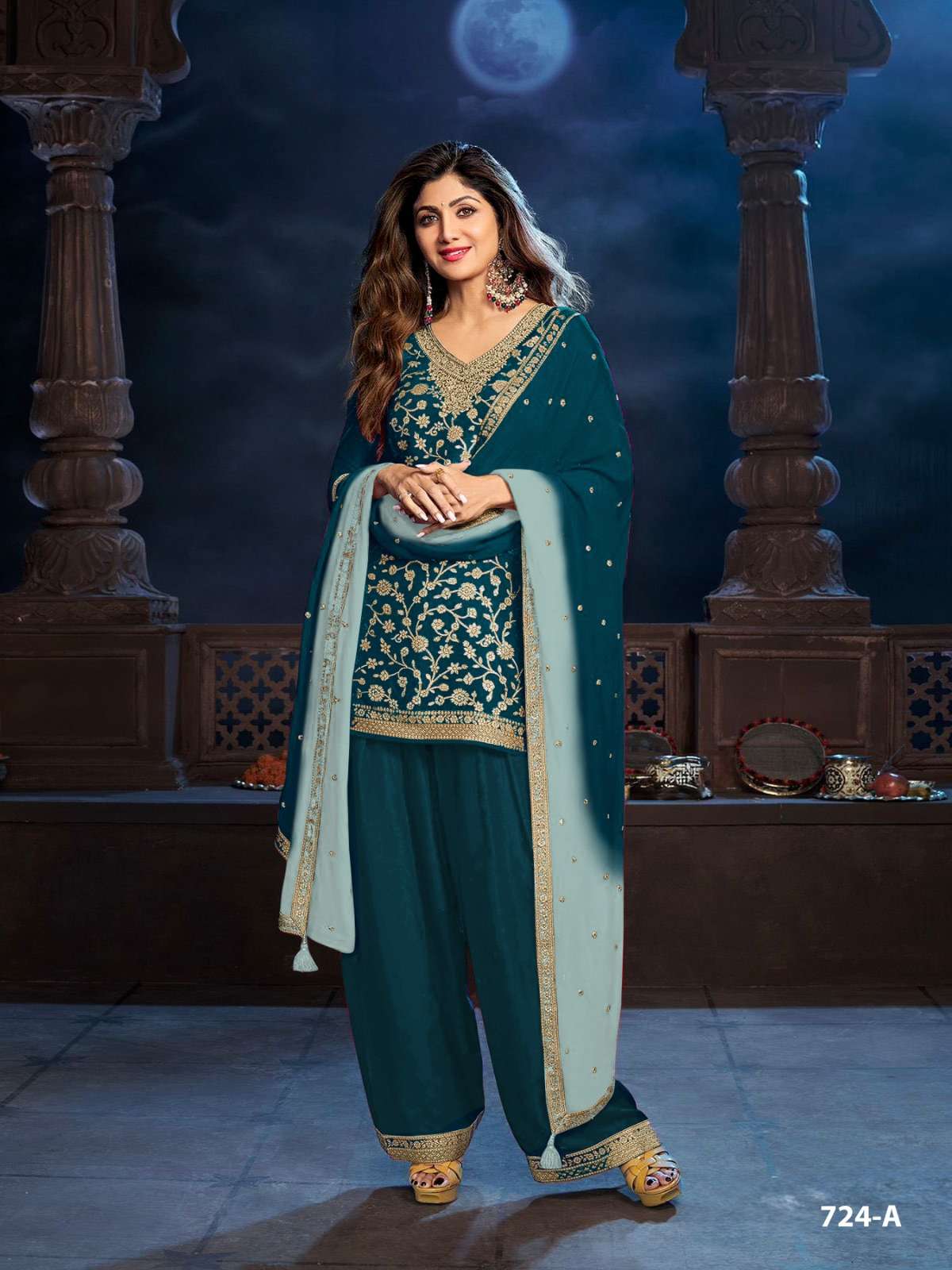 DESIGNER FANCY PARTY WEAR VISCOSE DOLA SILK TEAL GREEN PATIYALA SALWAR SUIT CP 724 A