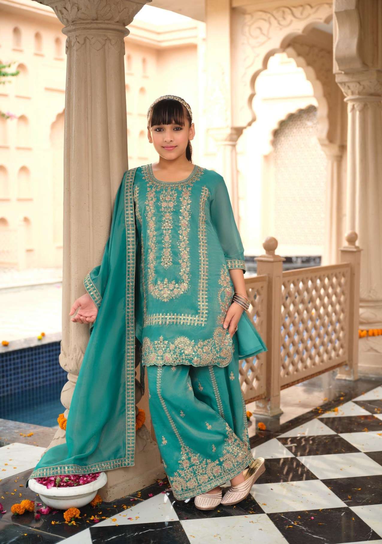 DESIGNER FANCY WEDDING PARTY WEAR BLUE GIRLS SHARARA SALWAR SUIT COLLECTION IN SIMER SILK EB KROHI 12