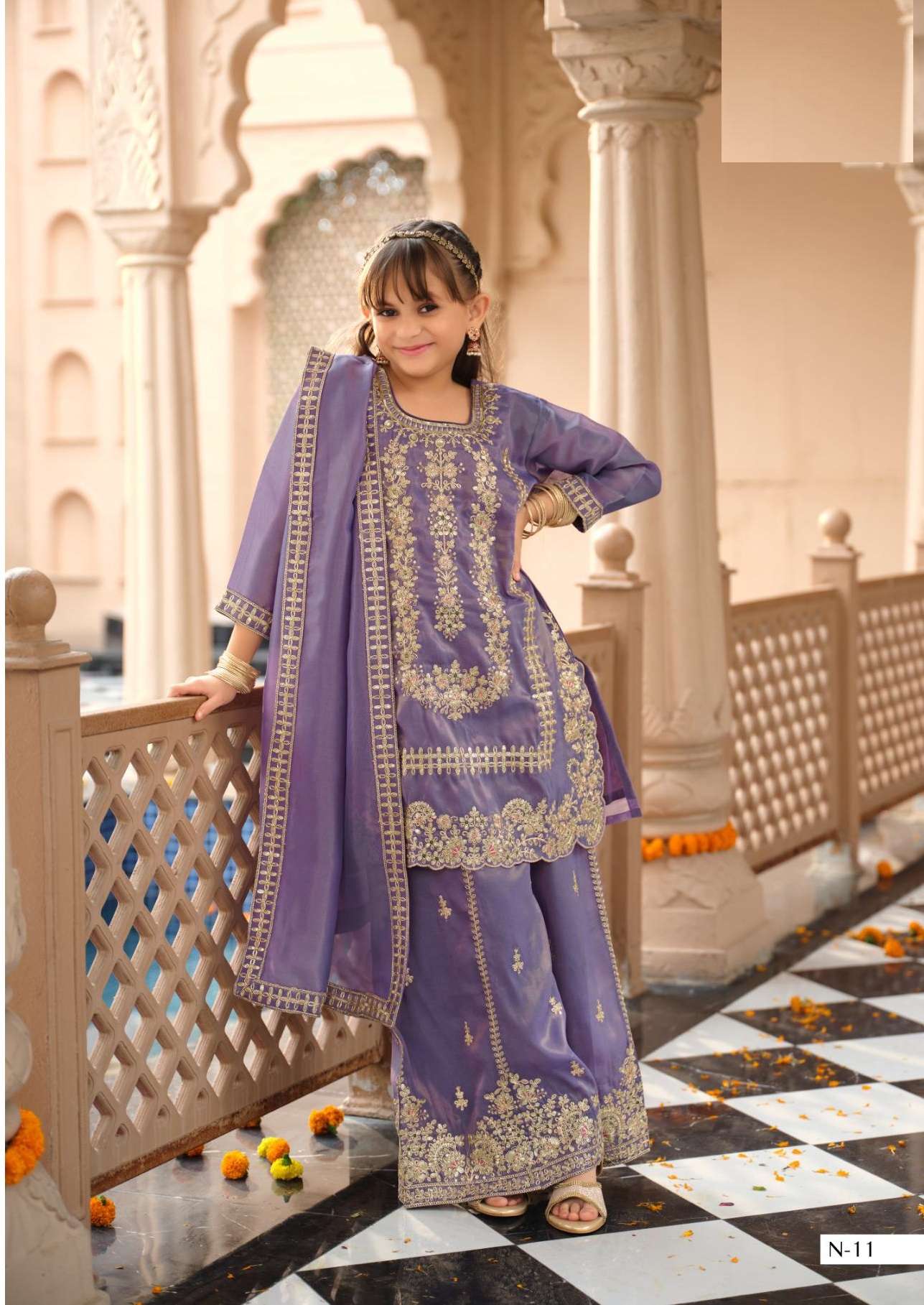 DESIGNER FANCY WEDDING PARTY WEAR LAVENDER GIRLS SHARARA SALWAR SUIT COLLECTION IN SIMER SILK EB KROHI 11