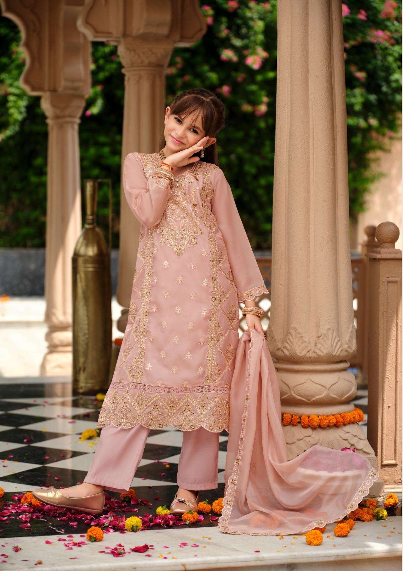 DESIGNER FANCY WEDDING PARTY WEAR PEACH SHARARA SALWAR SUIT COLLECTION FOR BABY GIRLS IN ORGANZA SILK EB DAZZLE 24