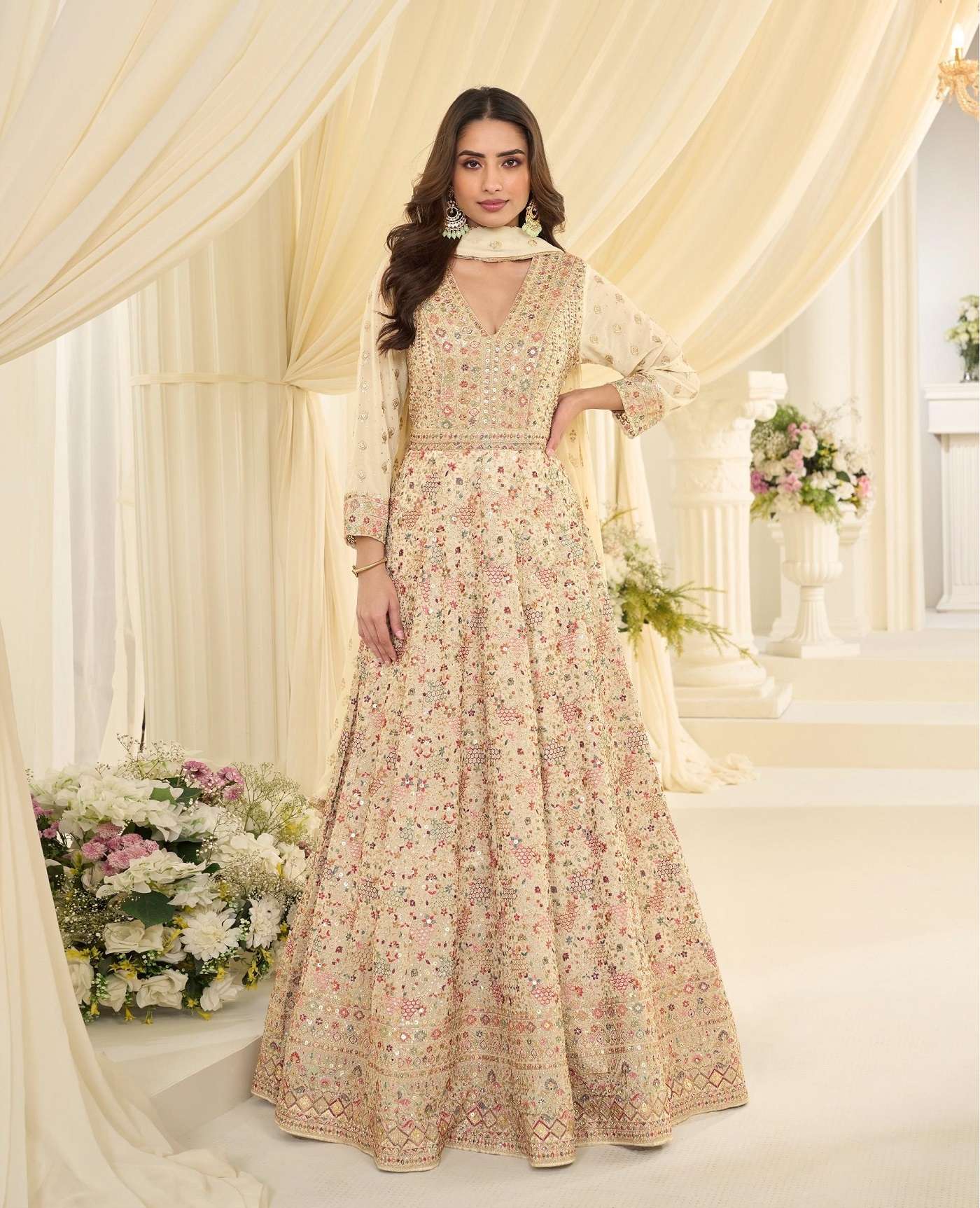 DESIGNER FANCY WEDDING PARTY WEAR REAL GEORGETTE BEIGE ANARKALI SALWAR SUIT GOWN SY MAHARANI 10271