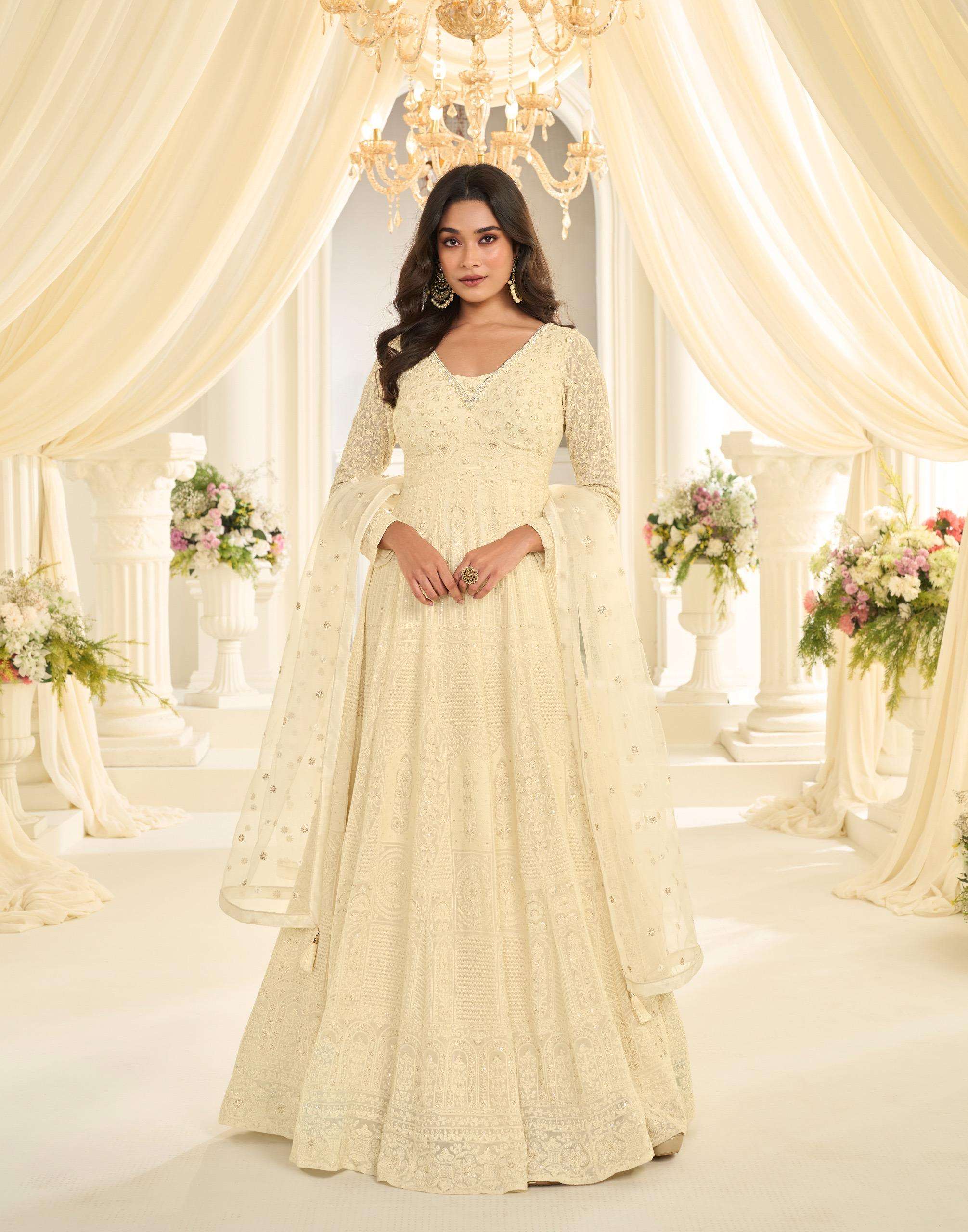 DESIGNER FANCY WEDDING PARTY WEAR REAL GEORGETTE OFF WHITE ANARKALI SALWAR SUIT GOWN SY SHABINA 10156