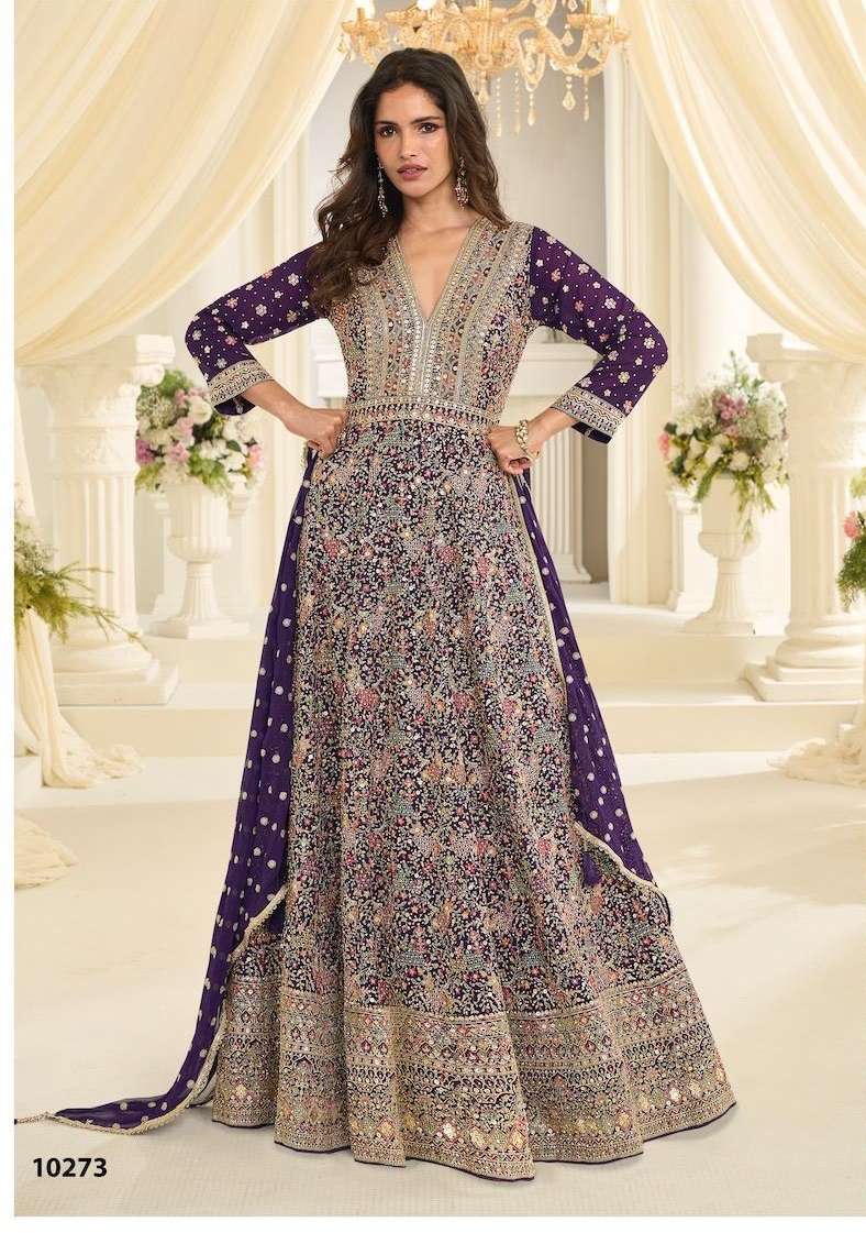 DESIGNER FANCY WEDDING PARTY WEAR REAL GEORGETTE PURPLE ANARKALI SALWAR SUIT GOWN SY MAHARANI 10273