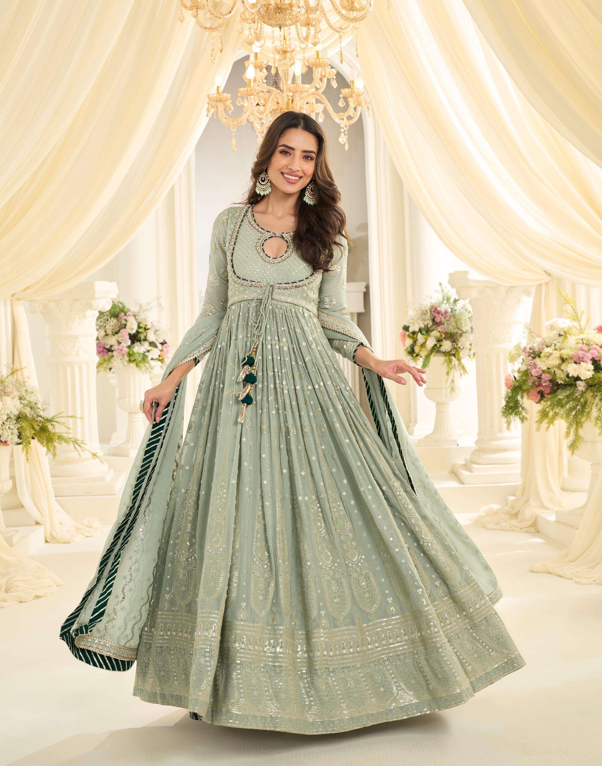 DESIGNER FANCY WEDDING PARTY WEAR REAL GEORGETTE PISTA GREEN ANARKALI SALWAR SUIT GOWN SY SHABINA 10155