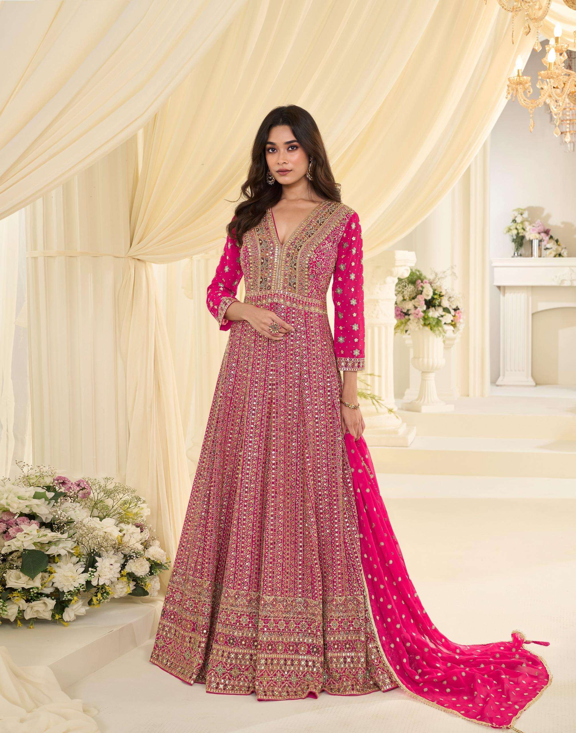 DESIGNER FANCY WEDDING PARTY WEAR REAL GEORGETTE RANI PINK ANARKALI SALWAR SUIT GOWN SY MAHARANI 10272
