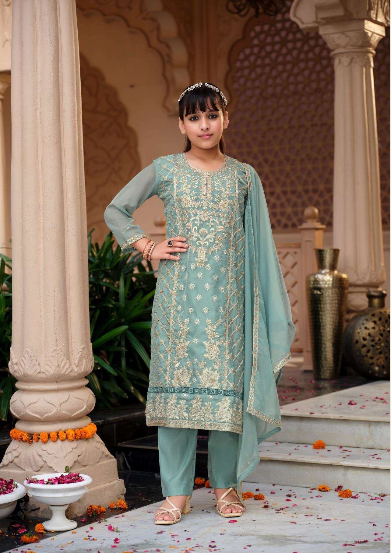 DESIGNER FANCY WEDDING PARTY WEAR SKY BLUE SHARARA SALWAR SUIT COLLECTION FOR BABY GIRLS IN ORGANZA SILK EB DAZZLE 25