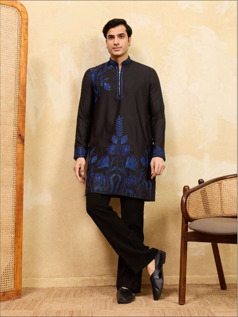DESIGNER GREY PARTY WEAR READYMADE MENS KHADI SILK BLACK KURTA WITH THREAD SEQUENCE WORK KF 21101