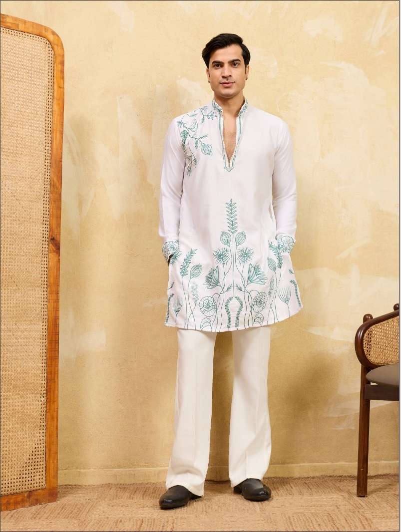 DESIGNER GREY PARTY WEAR READYMADE MENS KHADI SILK WHITE KURTA WITH THREAD SEQUENCE WORK KF 21103