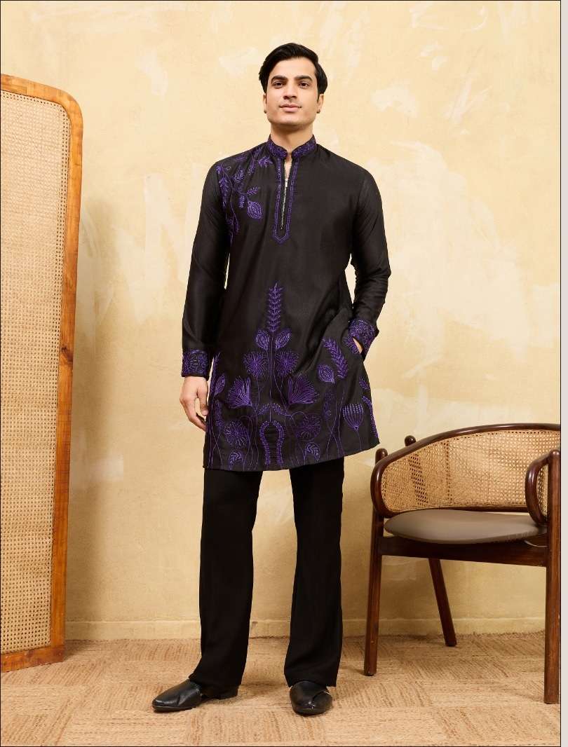 DESIGNER GREY PARTY WEAR READYMADE MENS KHADI SILK BLACK KURTA WITH THREAD SEQUENCE WORK KF 21104