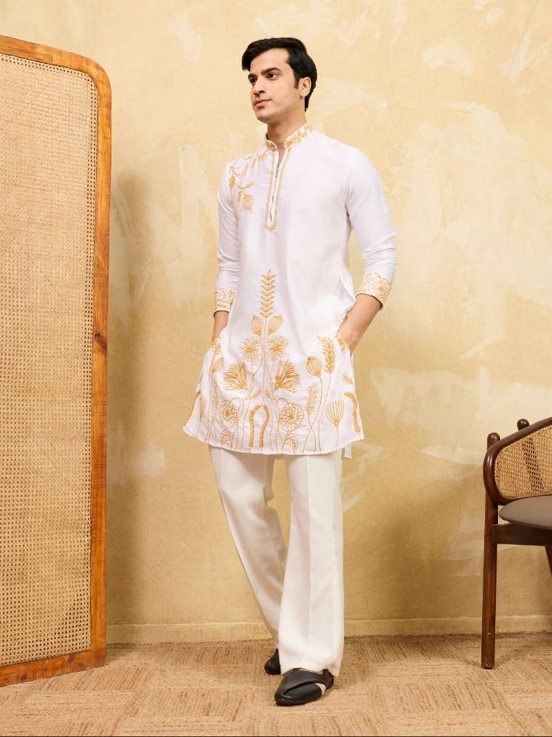 DESIGNER GREY PARTY WEAR READYMADE MENS KHADI SILK WHITE KURTA WITH THREAD SEQUENCE WORK KF 21106