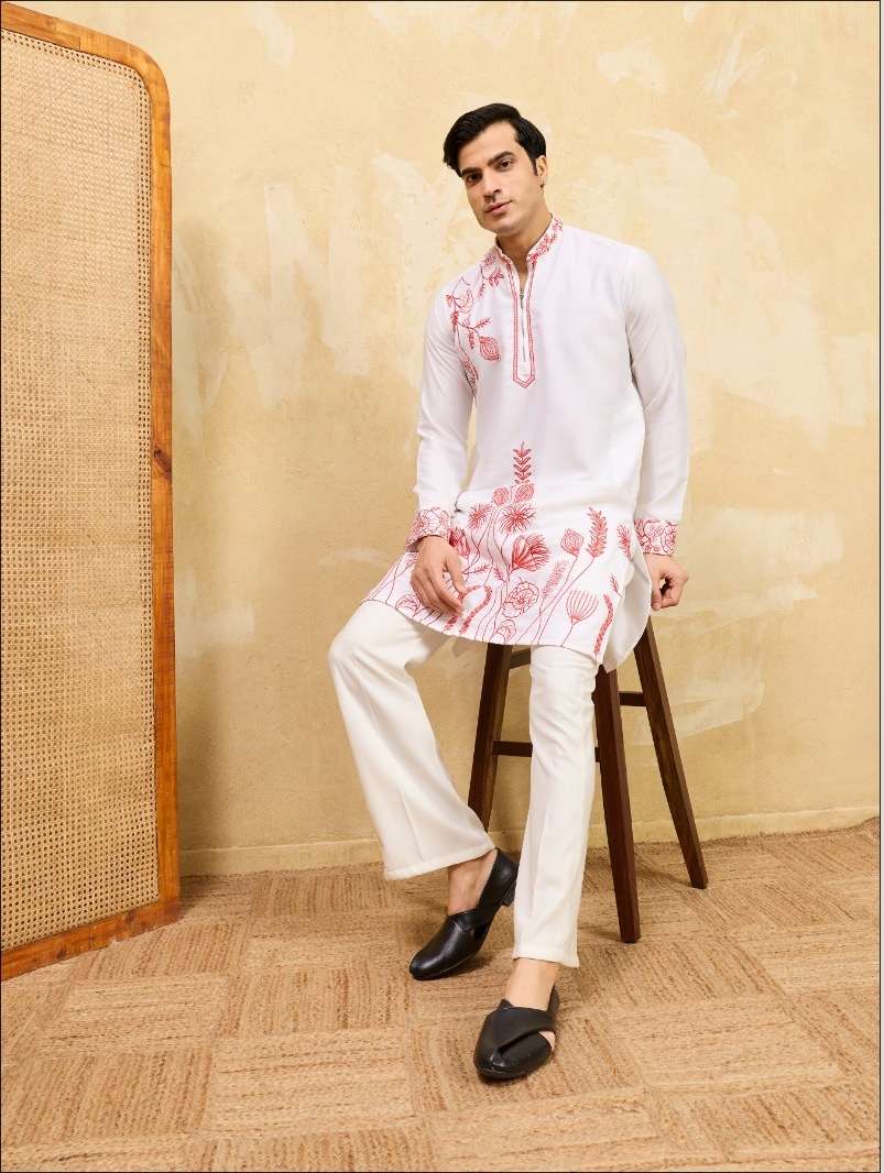 DESIGNER GREY PARTY WEAR READYMADE MENS KHADI SILK WHITE KURTA WITH THREAD SEQUENCE WORK KF 21107