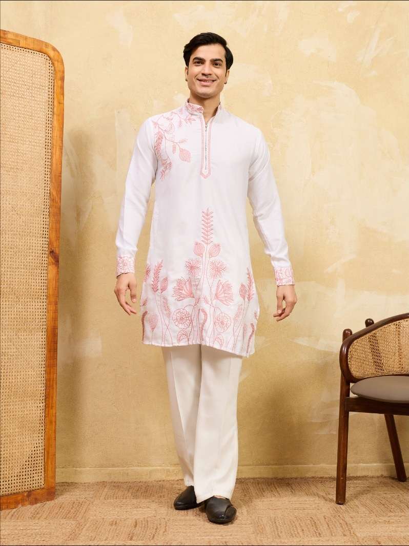 DESIGNER GREY PARTY WEAR READYMADE MENS KHADI SILK WHITE KURTA WITH THREAD SEQUENCE WORK KF 21108
