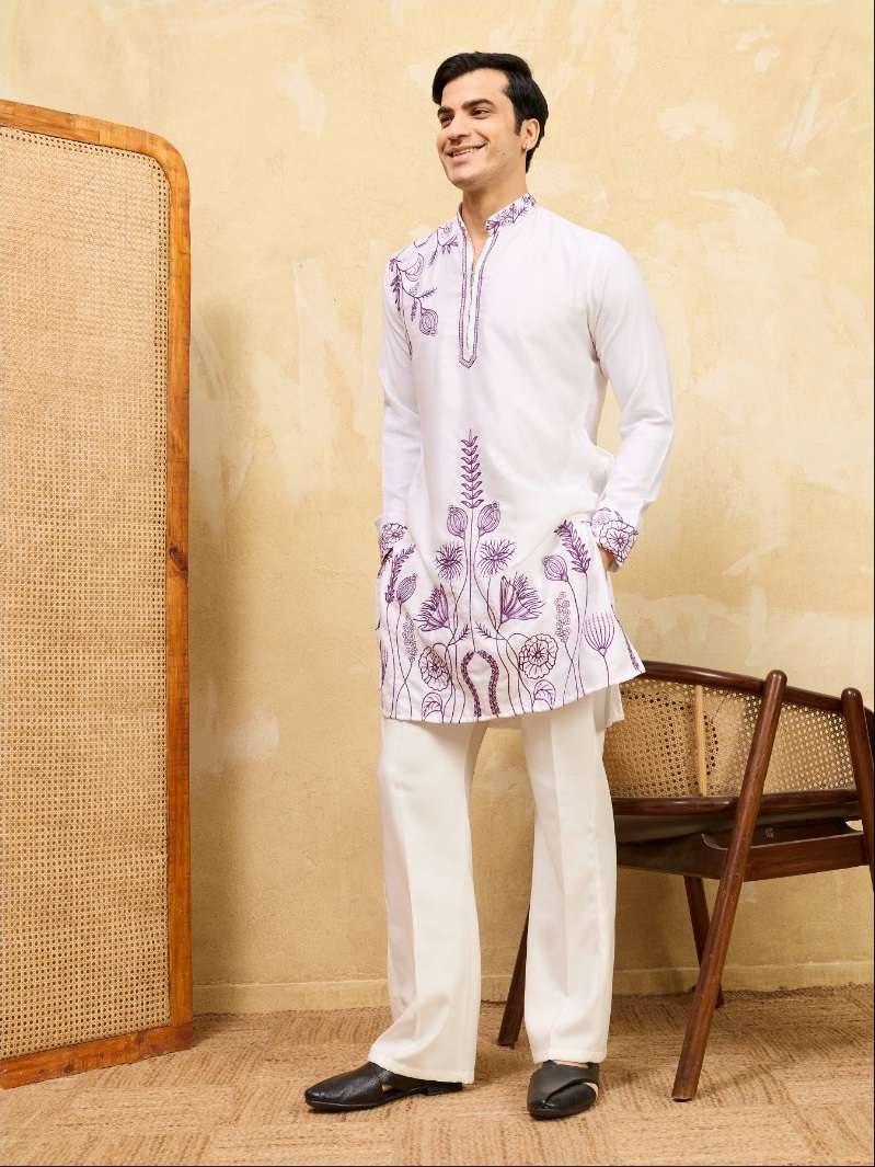 DESIGNER GREY PARTY WEAR READYMADE MENS KHADI SILK WHITE KURTA WITH THREAD SEQUENCE WORK KF 21109