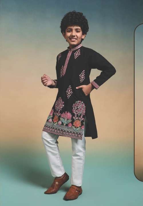 DESIGNER KIDS WEAR KURTA SET VISCOSE SILK BLACK KIDS KURTA PANT SET KF 91128