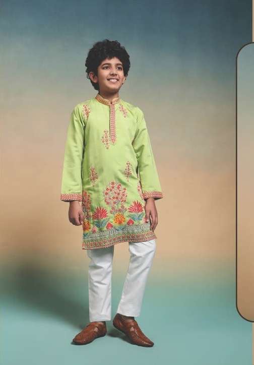 DESIGNER KIDS WEAR KURTA SET VISCOSE SILK GREEN KIDS KURTA PANT SET KF 91125