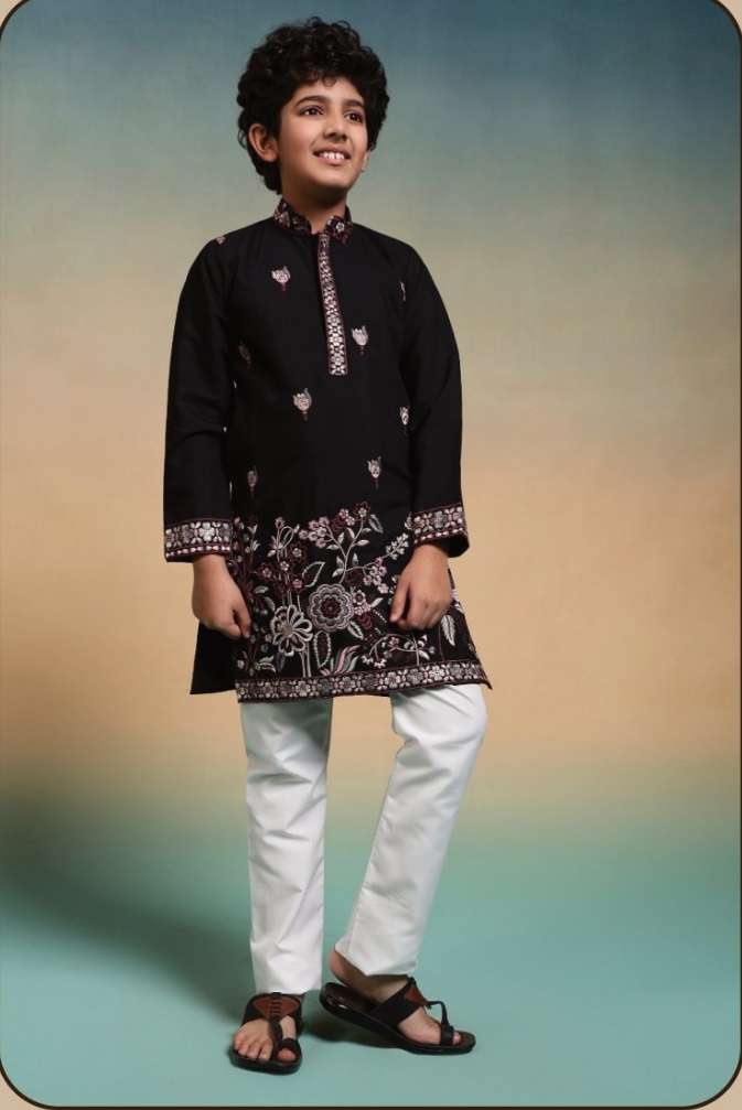DESIGNER KIDS WEAR KURTA SET VISCOSE SILK KIDS BLACK KURTA PANT SET KF 91111