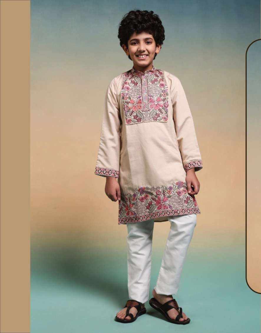DESIGNER KIDS WEAR KURTA SET VISCOSE SILK KIDS CHIKU KURTA SHERWANI SET KF 91101