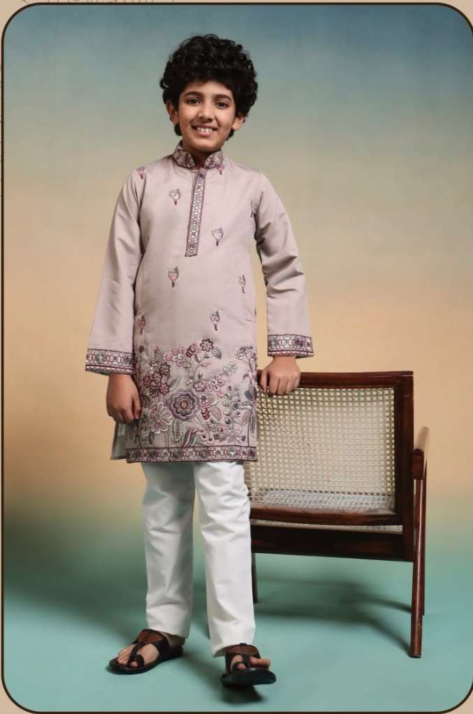 DESIGNER KIDS WEAR KURTA SET VISCOSE SILK KIDS CHIKU KURTA PANT SET KF 91114