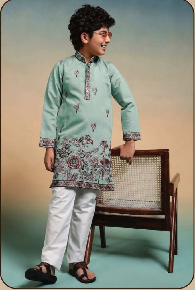 DESIGNER KIDS WEAR KURTA SET VISCOSE SILK KIDS PISTA KURTA PANT SET KF 91116
