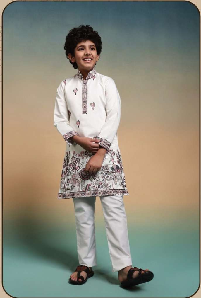 DESIGNER KIDS WEAR KURTA SET VISCOSE SILK KIDS WHITE KURTA PANT SET KF 91113