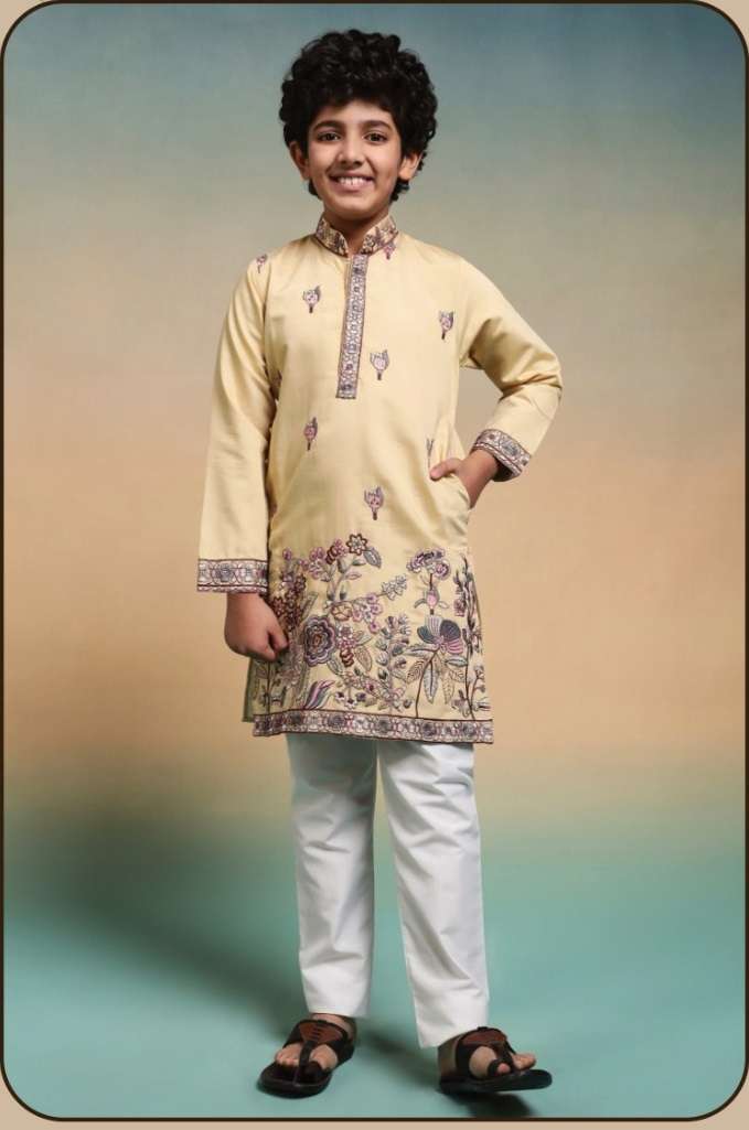 DESIGNER KIDS WEAR KURTA SET VISCOSE SILK KIDS YELLOW KURTA PANT SET KF 91115