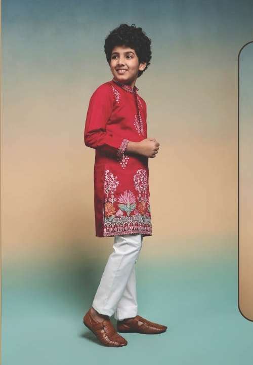 DESIGNER KIDS WEAR KURTA SET VISCOSE SILK RED KIDS KURTA PANT SET KF 91126